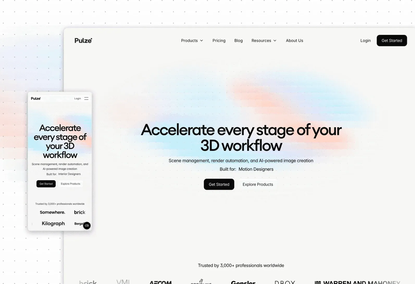 Desktop and mobile mockup of the Pulze homepage on a light background with soft pastel gradient blobs, headline "Accelerate every stage of your 3D workflow", a description mentioning scene management, render automation, and AI-powered image creation for motion designers, "Get Started" and "Explore Products" buttons, and a row of client logos including Kilograph and AECOM.
