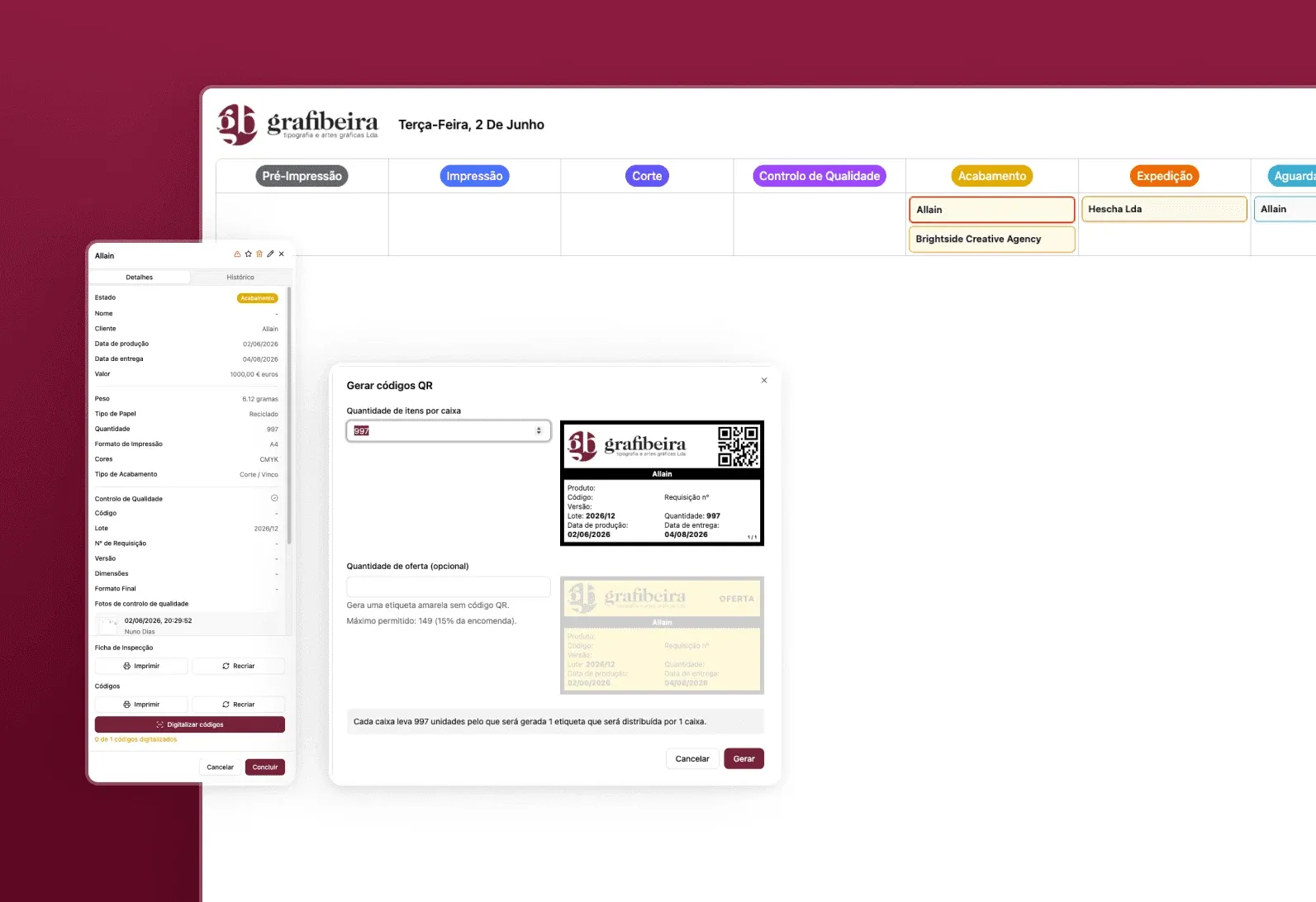 Grafibeira admin panel showing the daily production board with jobs organized by stage, with a job detail panel overlaid showing full order information like paper type, quantity, and quality control status, next to a QR code generation modal for producing shipping labels.