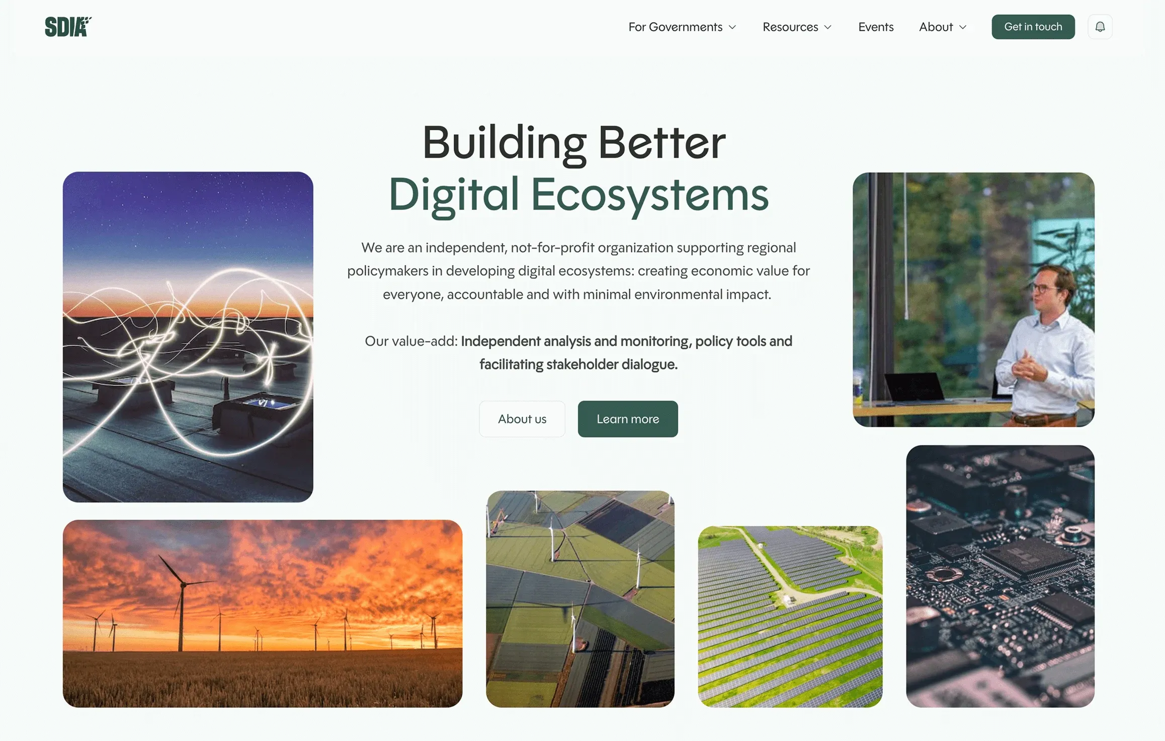 SDIA homepage hero, "Building Better Digital Ecosystems", surrounded by photos
