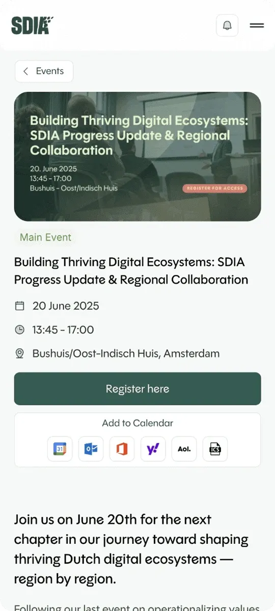 SDIA mobile event page for "Building Thriving Digital Ecosystems: SDIA Progress Update & Regional Collaboration"