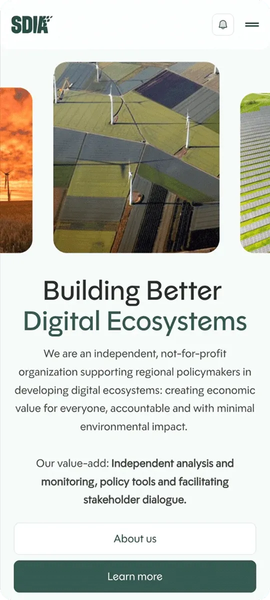 SDIA mobile homepage, "Building Better Digital Ecosystems"