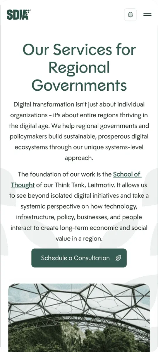 SDIA mobile page "Our Services for Regional Governments"