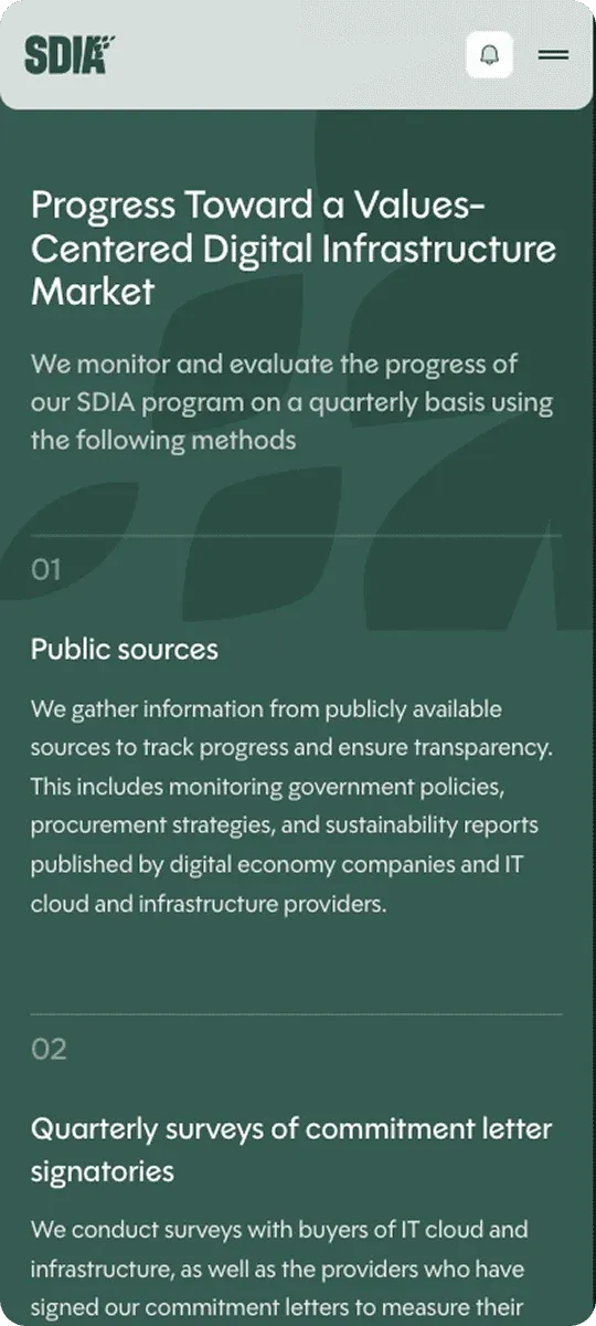 SDIA mobile page "Progress Toward a Values-Centered Digital Infrastructure Market"