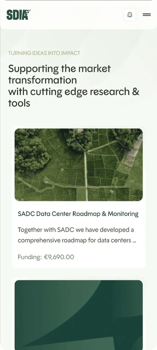 SDIA mobile projects page with the SADC Data Center Roadmap & Monitoring project