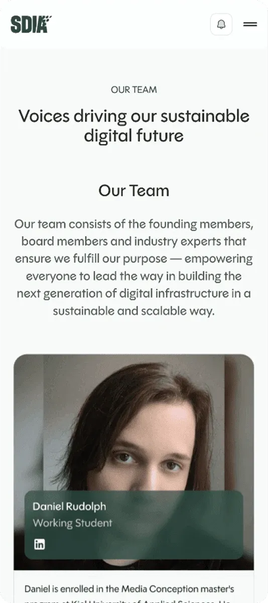 SDIA mobile team page with a team member card