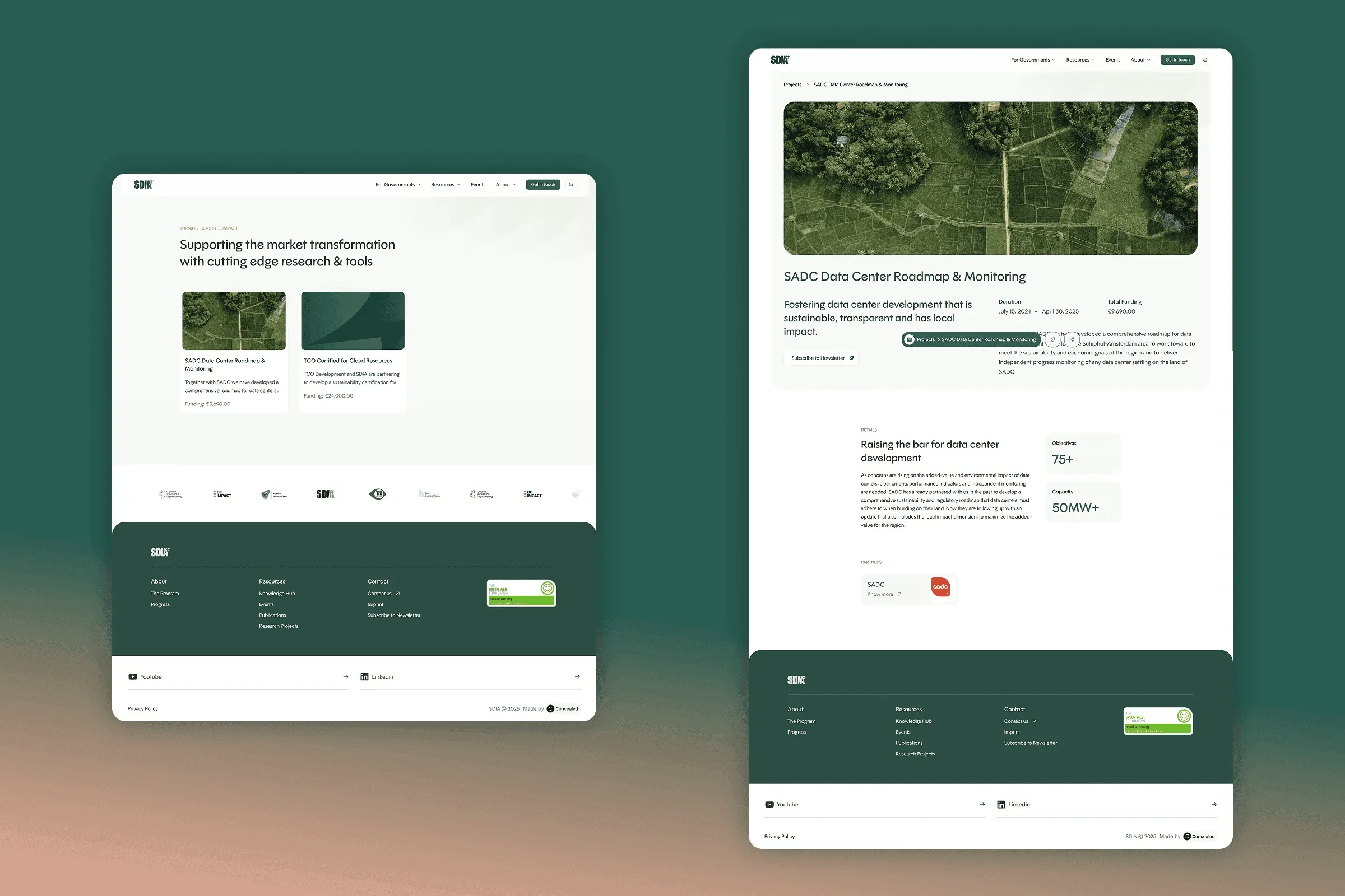 SDIA projects pages: the project list and the SADC Data Center Roadmap & Monitoring project