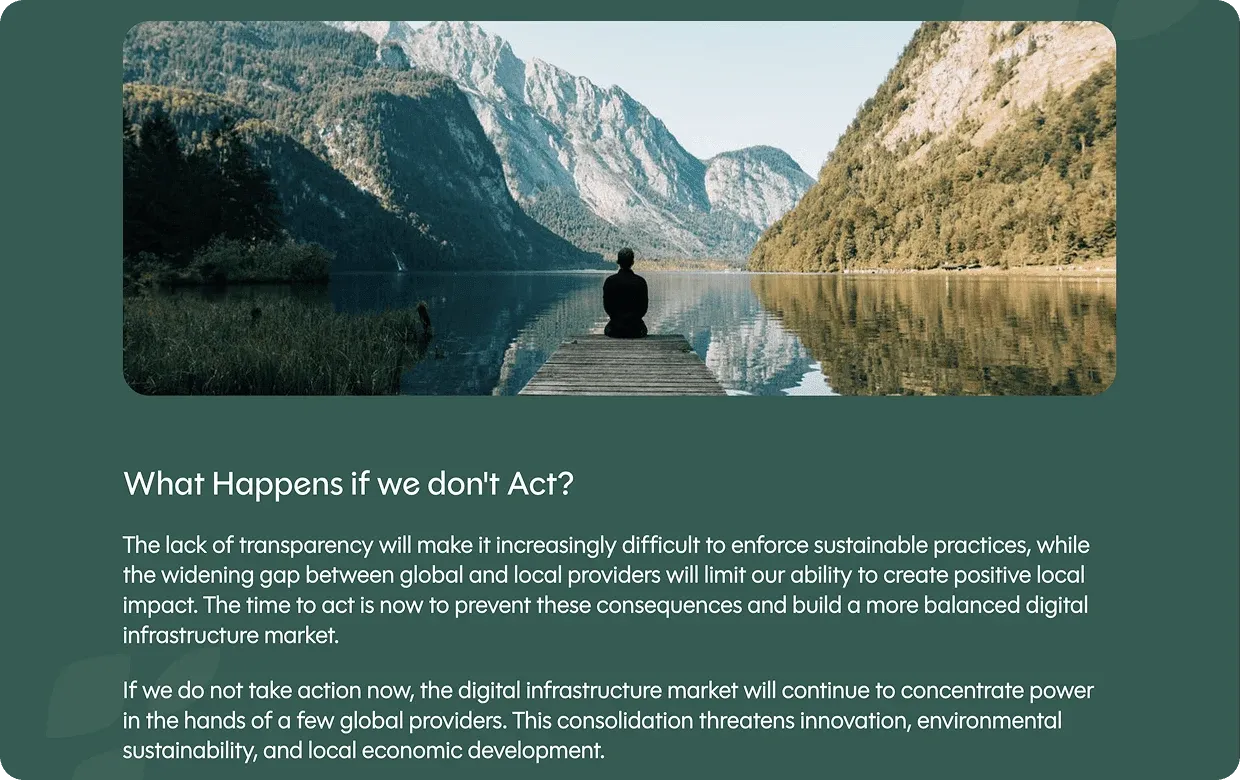 SDIA section "What Happens if we don't Act?" with a photo of a person sitting on a jetty by a mountain lake