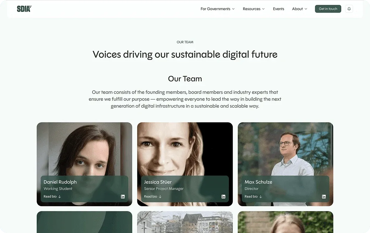 SDIA team page, "Voices driving our sustainable digital future", with team member cards