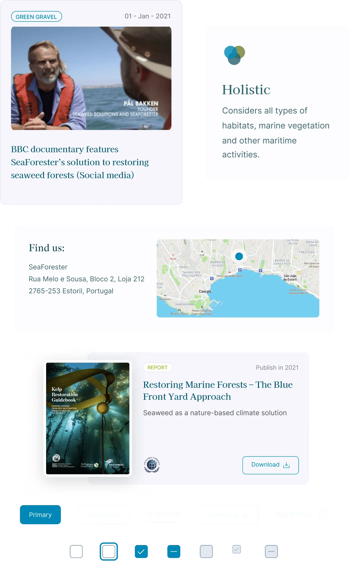 SeaForester design system components on mobile: news and value cards, a location card and buttons