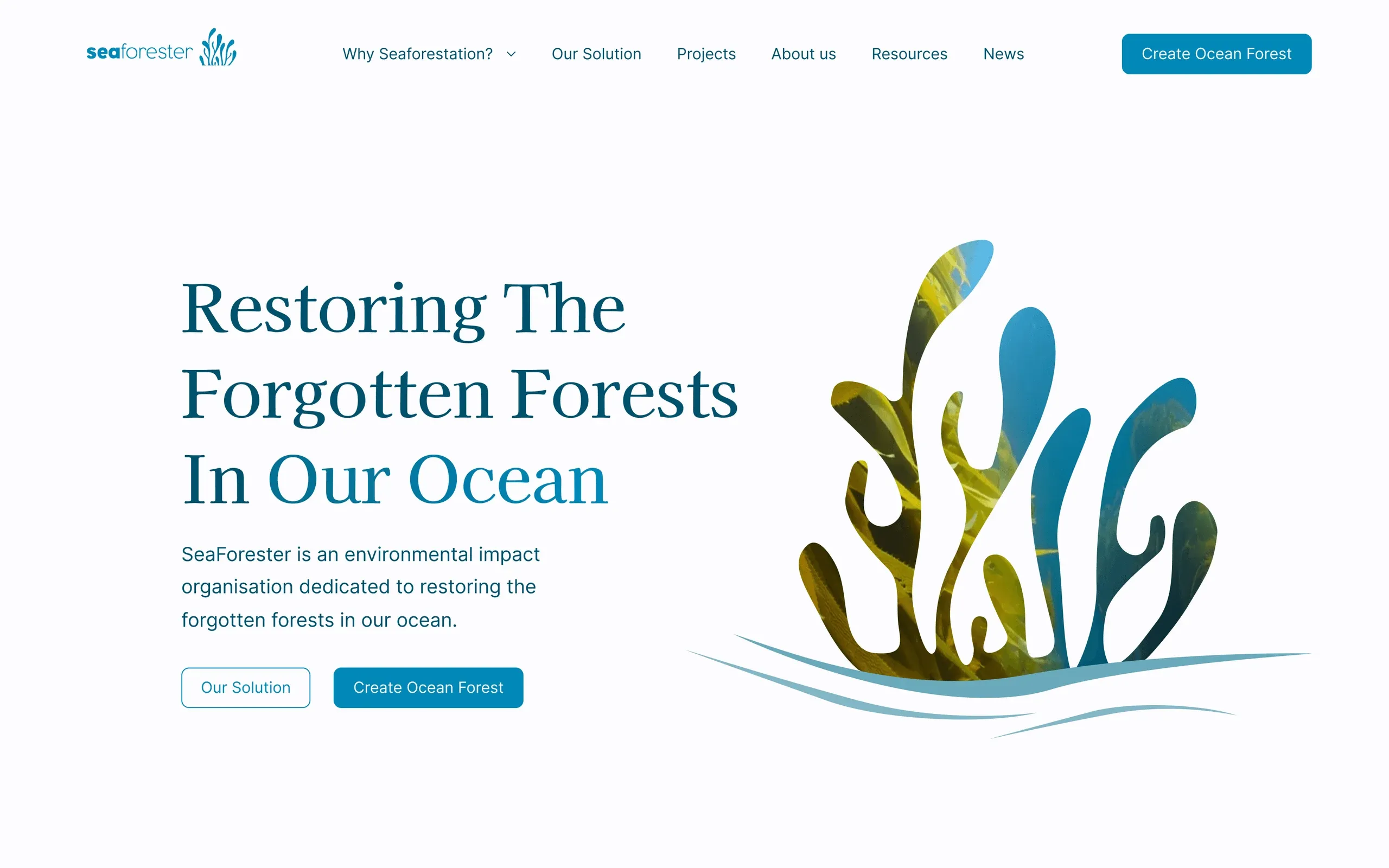 SeaForester homepage after the redesign, "Restoring The Forgotten Forests In Our Ocean"