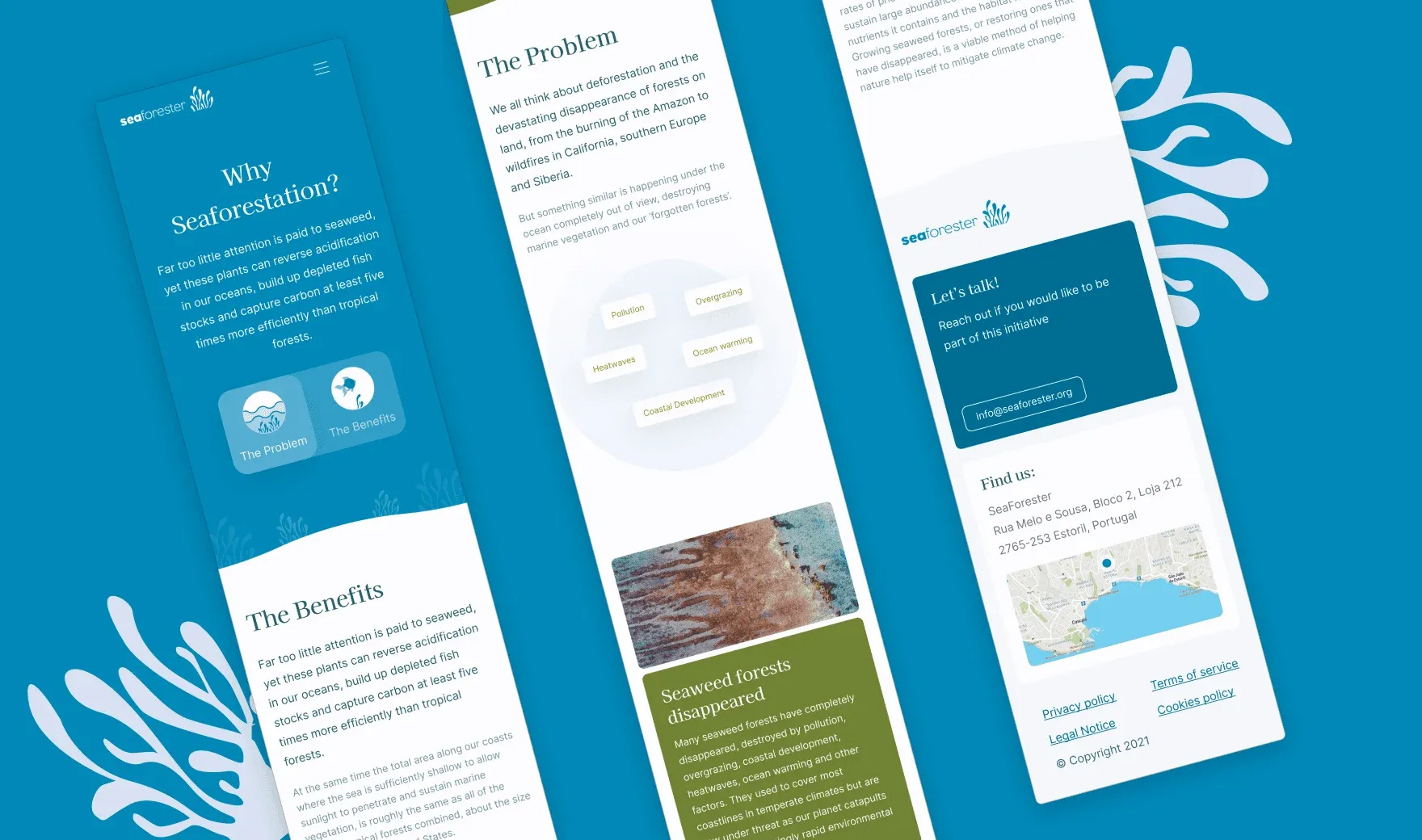 SeaForester mobile screens: "Why Seaforestation?", "The Problem" and contact details