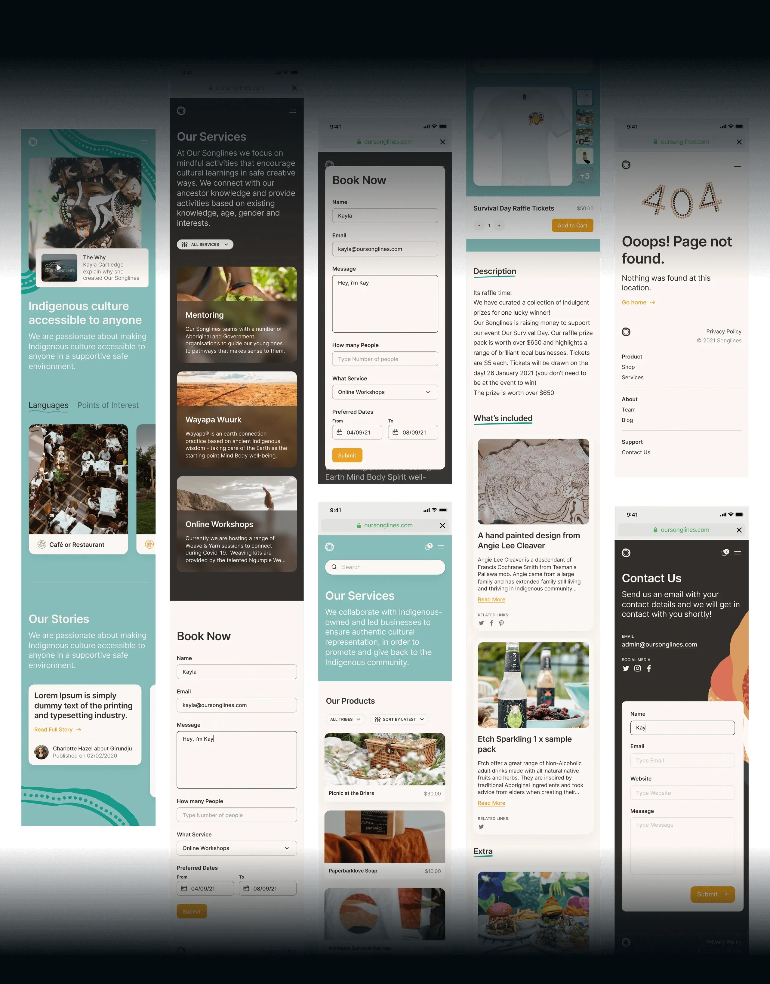Several Our Songlines mobile screens side by side, including services, booking, products and a 404 page