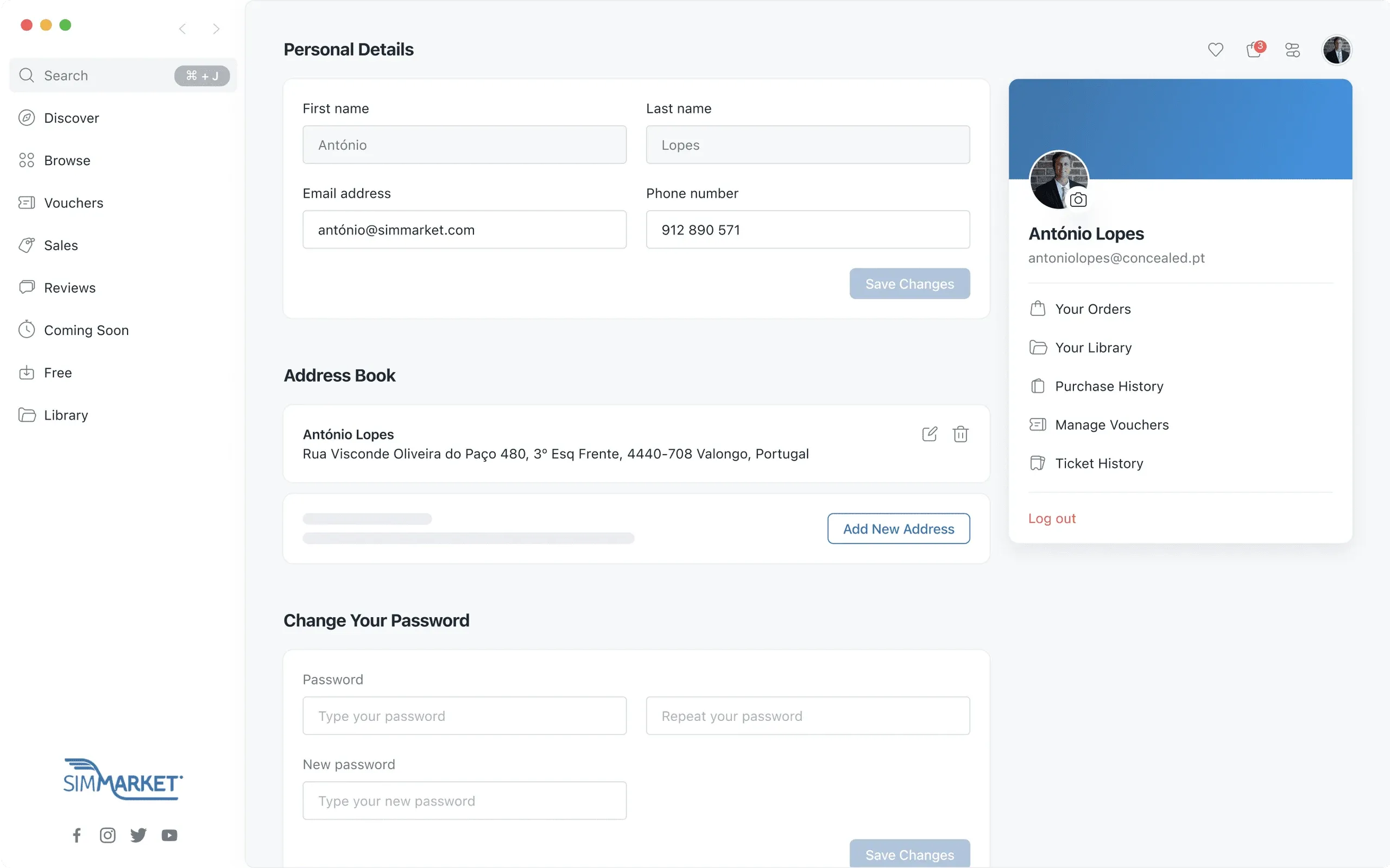 simMarket app account page with personal details, address book and password change