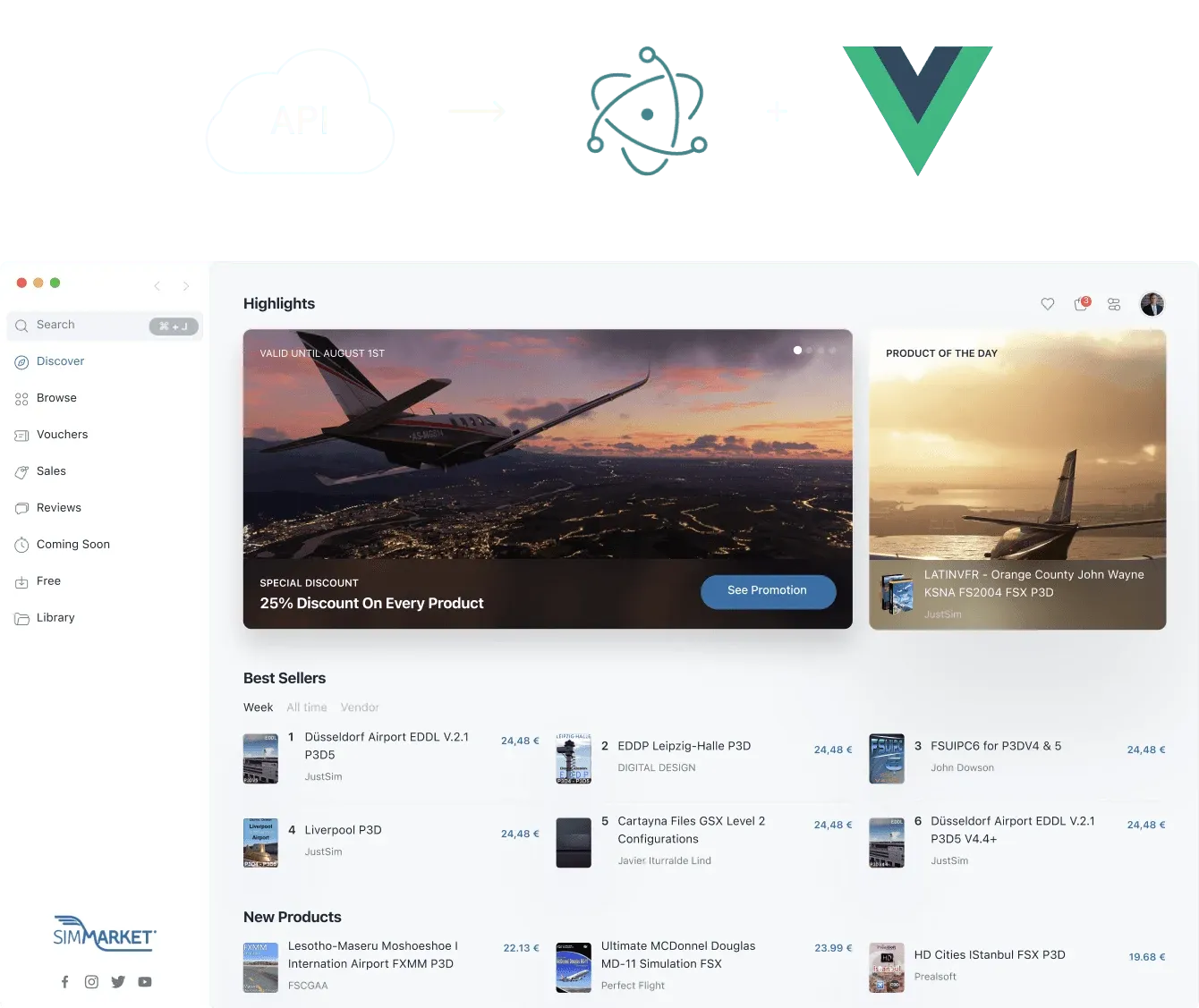 simMarket app architecture: an API feeding an Electron and Vue.js app, above the app home screen