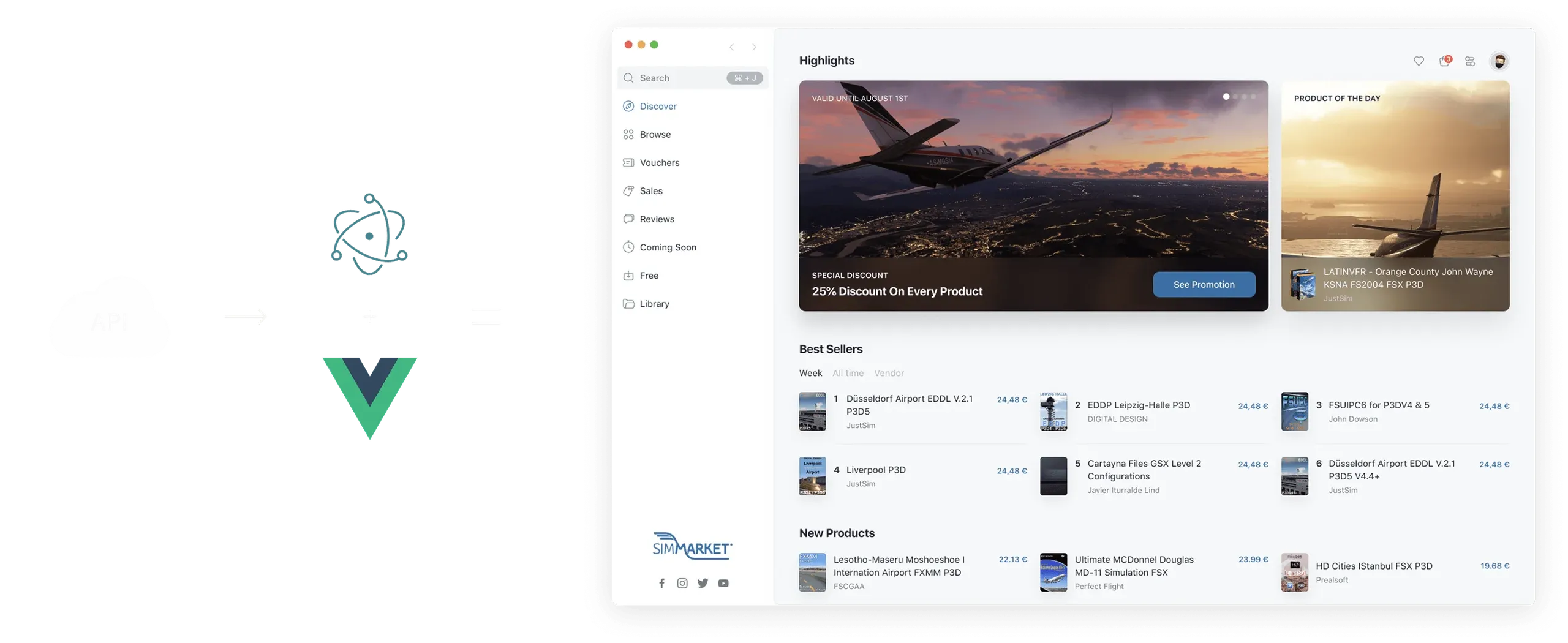 simMarket app architecture: an API feeding an Electron and Vue.js app, next to the app home screen