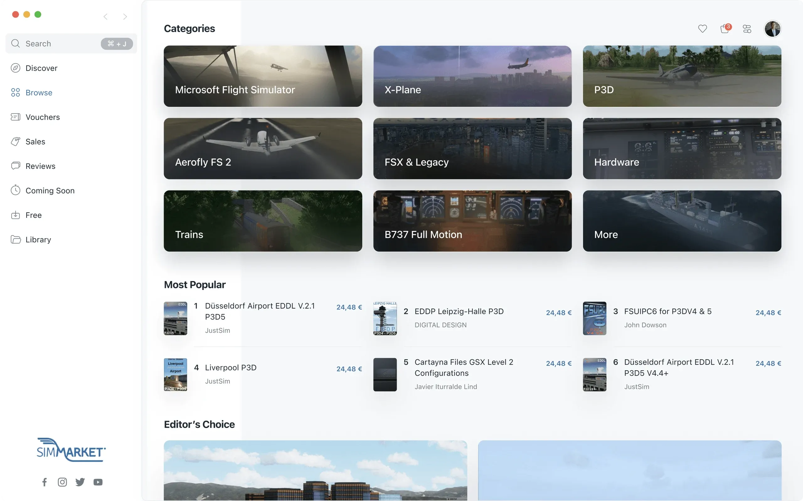 simMarket app categories page with most popular add-ons