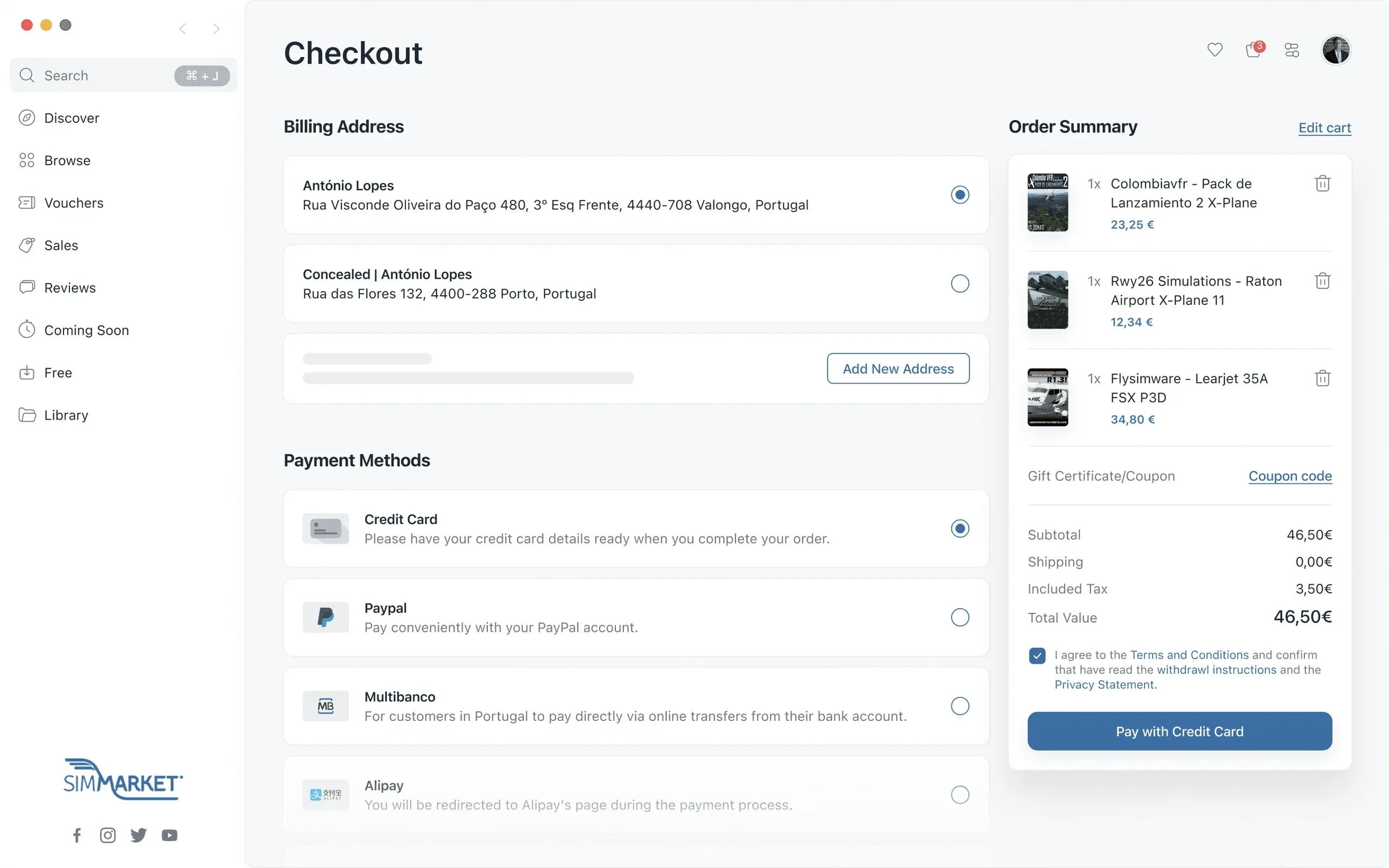 simMarket app checkout with billing address, payment methods and order summary