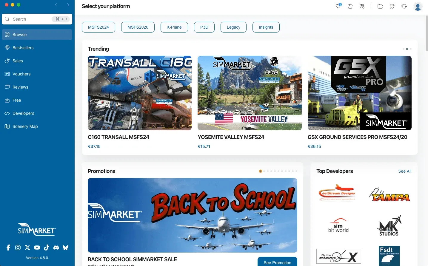 simMarket desktop app home with trending add-ons, a "Back to School" promotion and top developers
