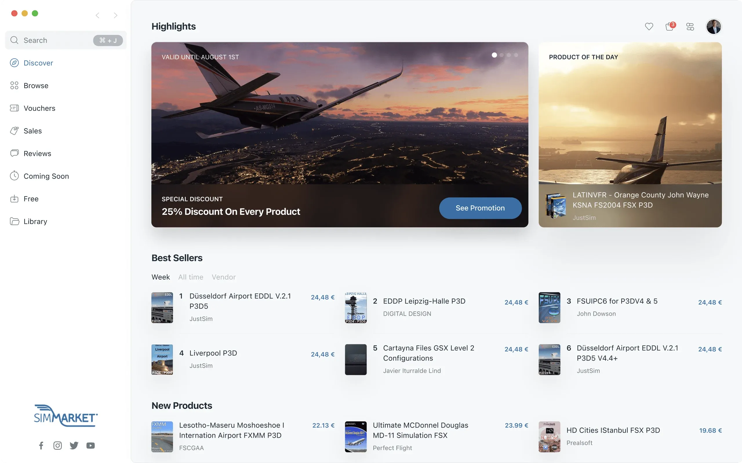 simMarket app highlights page with a promotion, best sellers and new products