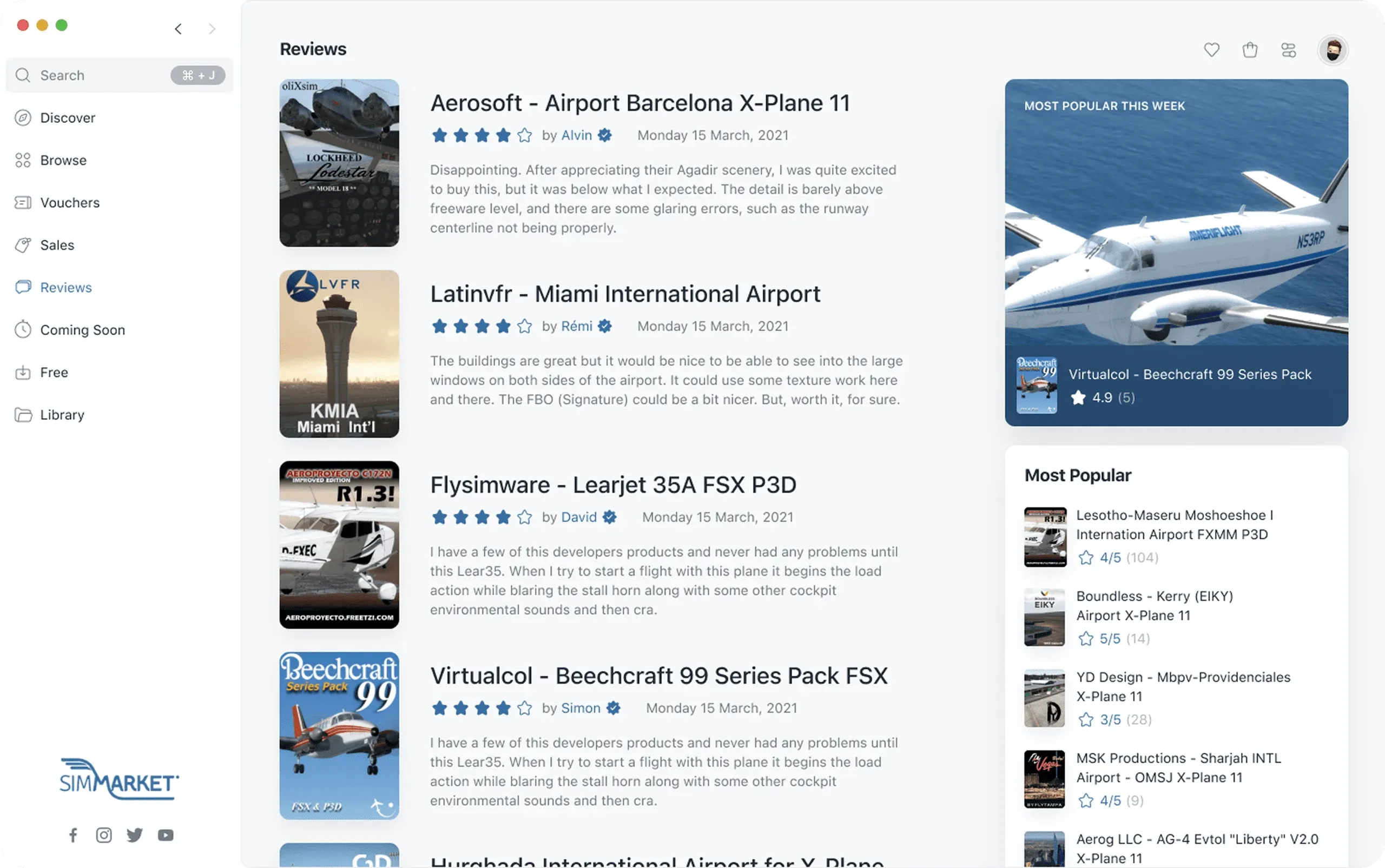 simMarket app reviews page with user reviews of add-ons