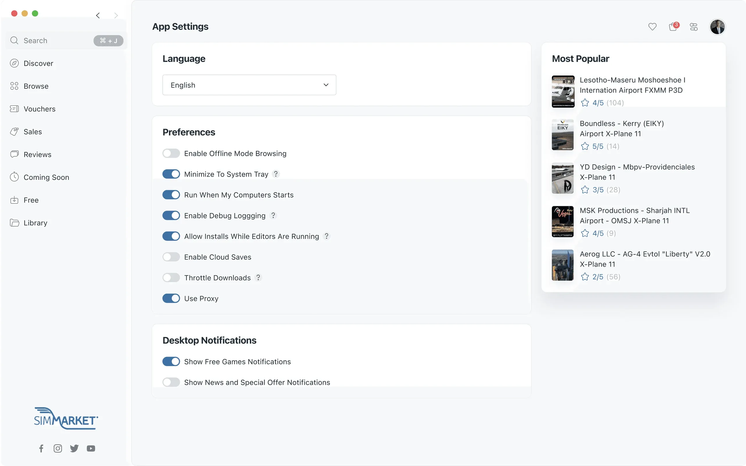 simMarket app settings with language, preferences and notifications