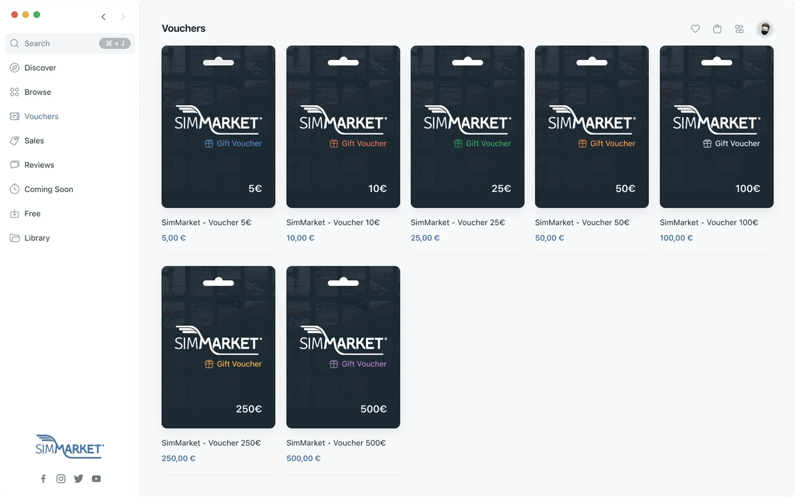simMarket app vouchers page with gift vouchers from 5€ to 500€