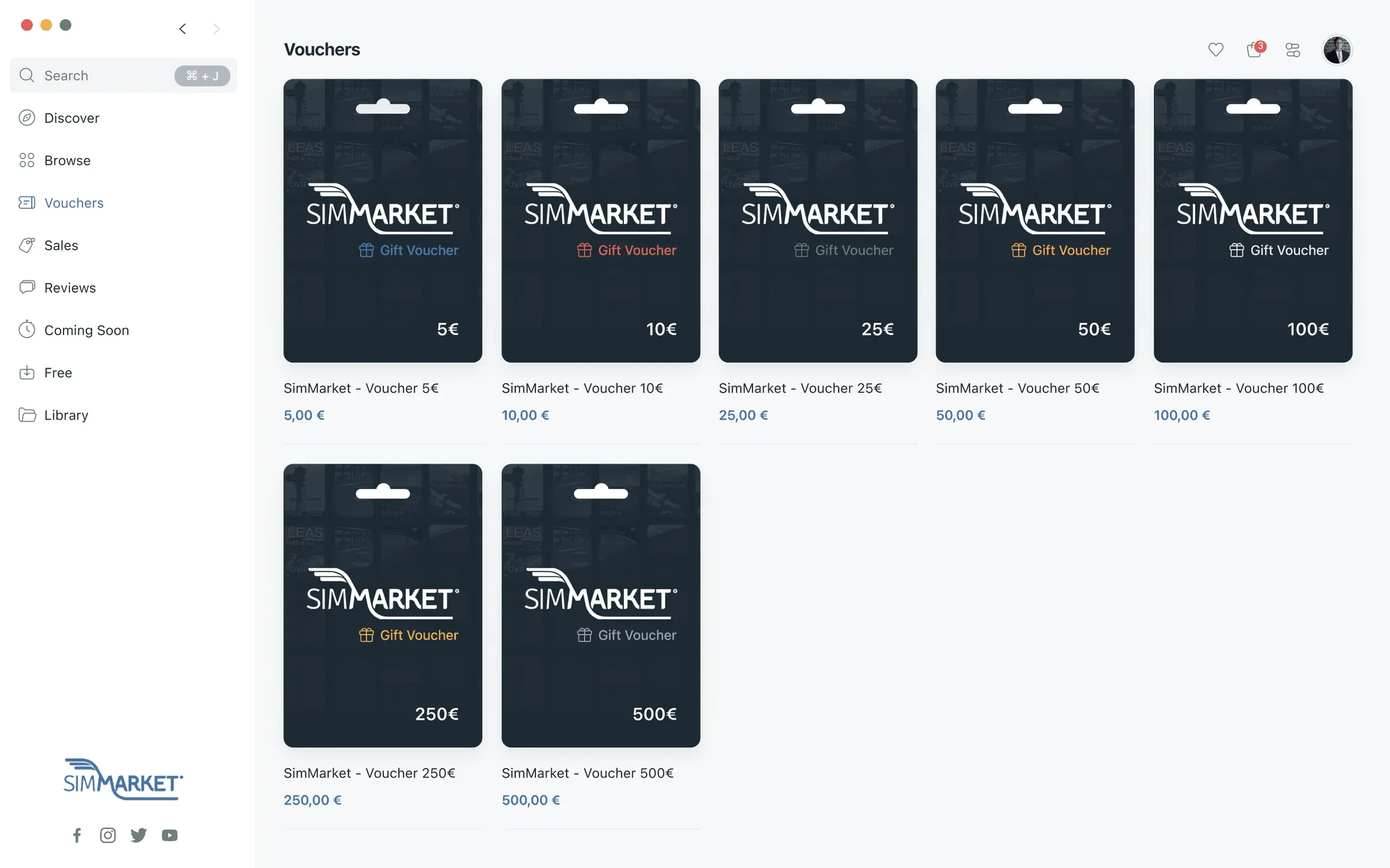 simMarket app vouchers page