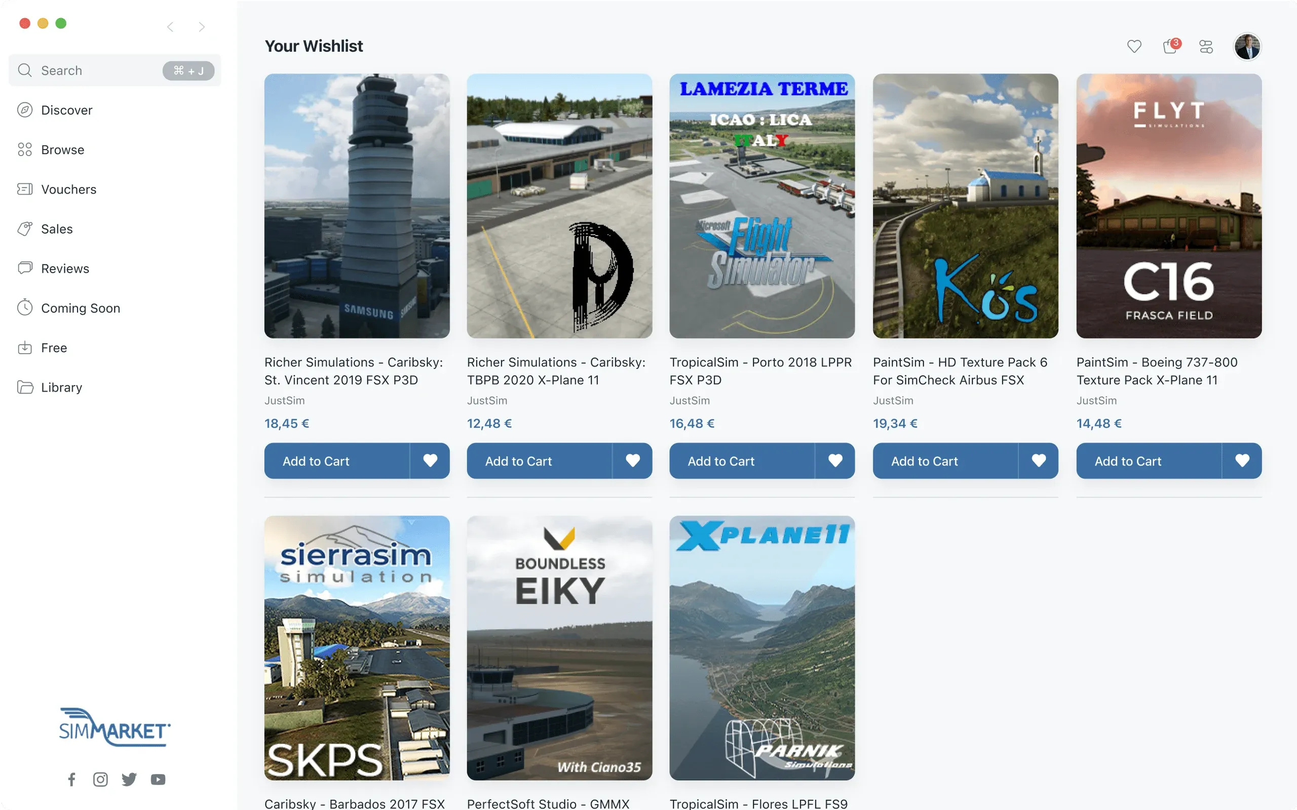 simMarket app wishlist with add-on cards