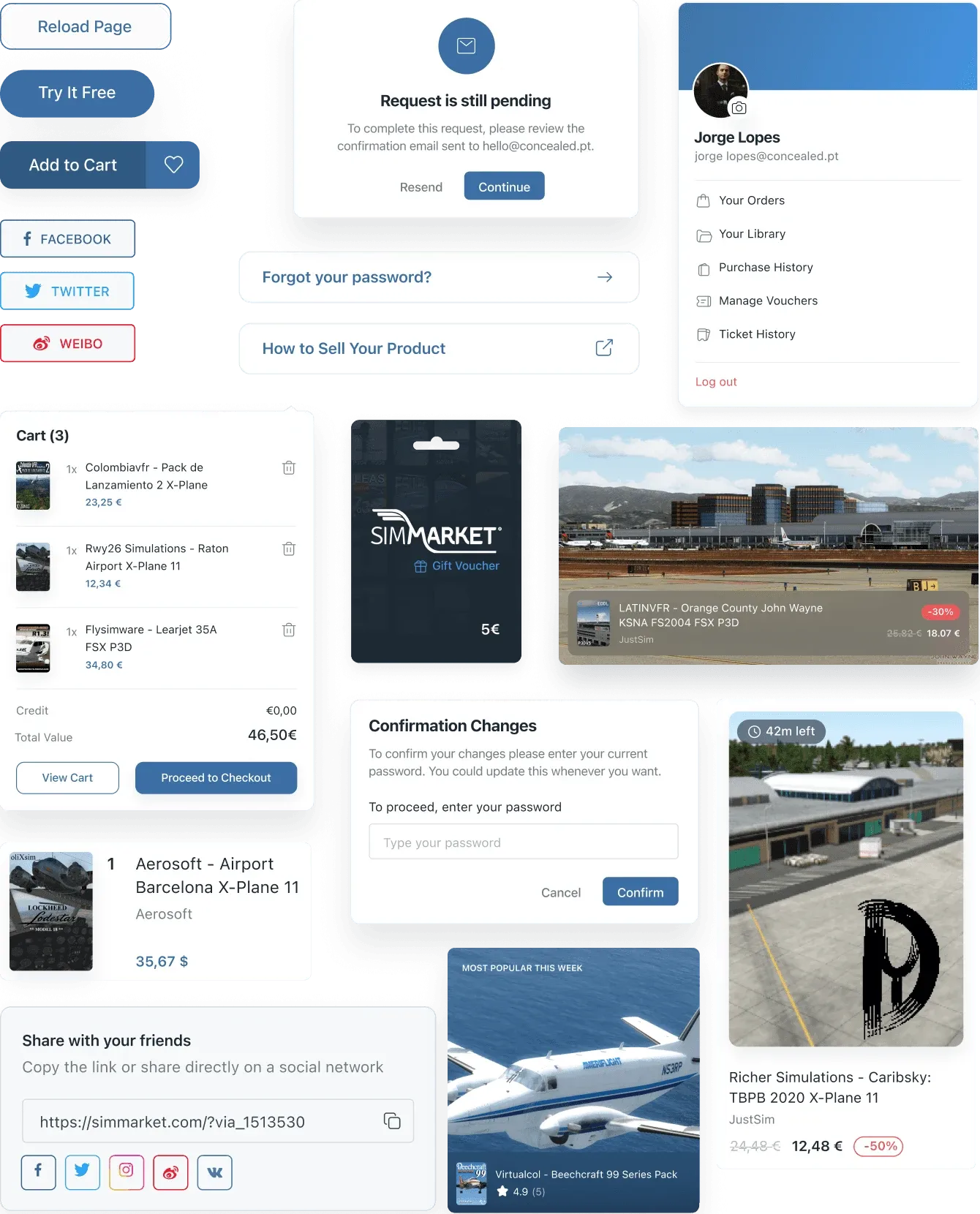simMarket design system components arranged for a narrow screen