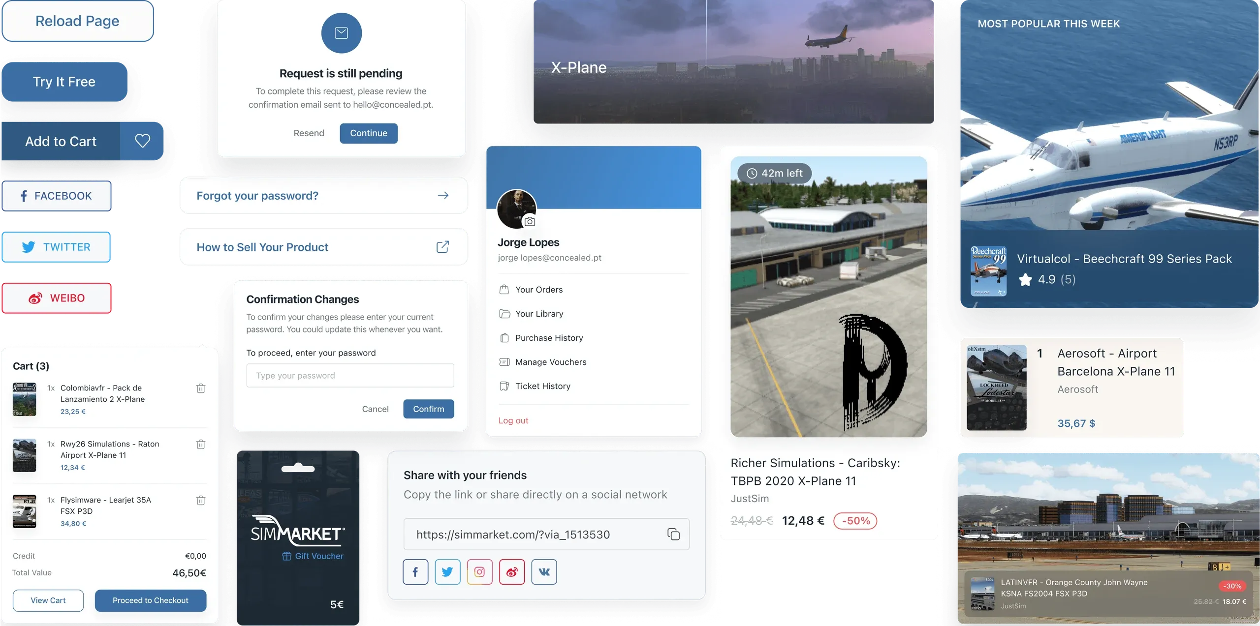 simMarket design system components: buttons, dialogs, a cart, a profile menu and product cards