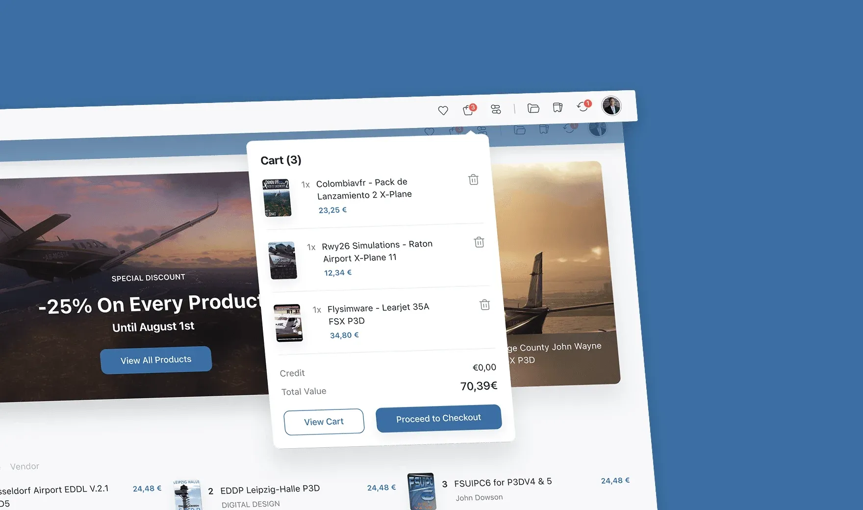 SimMarket desktop app dashboard showing -25% discount on flight sim products, cart with three items (€70.39), and checkout options.