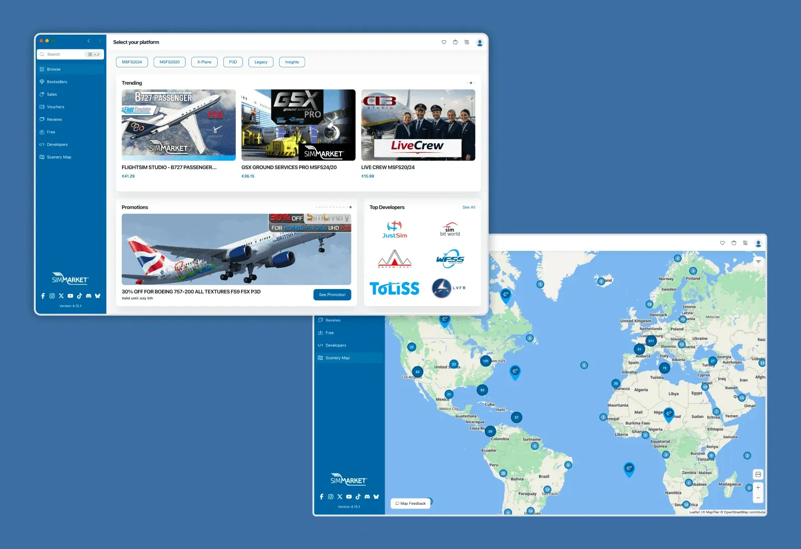 Two simMarket desktop app screens: the browse screen with trending products and top developers in the background, and the Scenery Map screen in front showing a world map with numbered pins marking add-on locations by region.