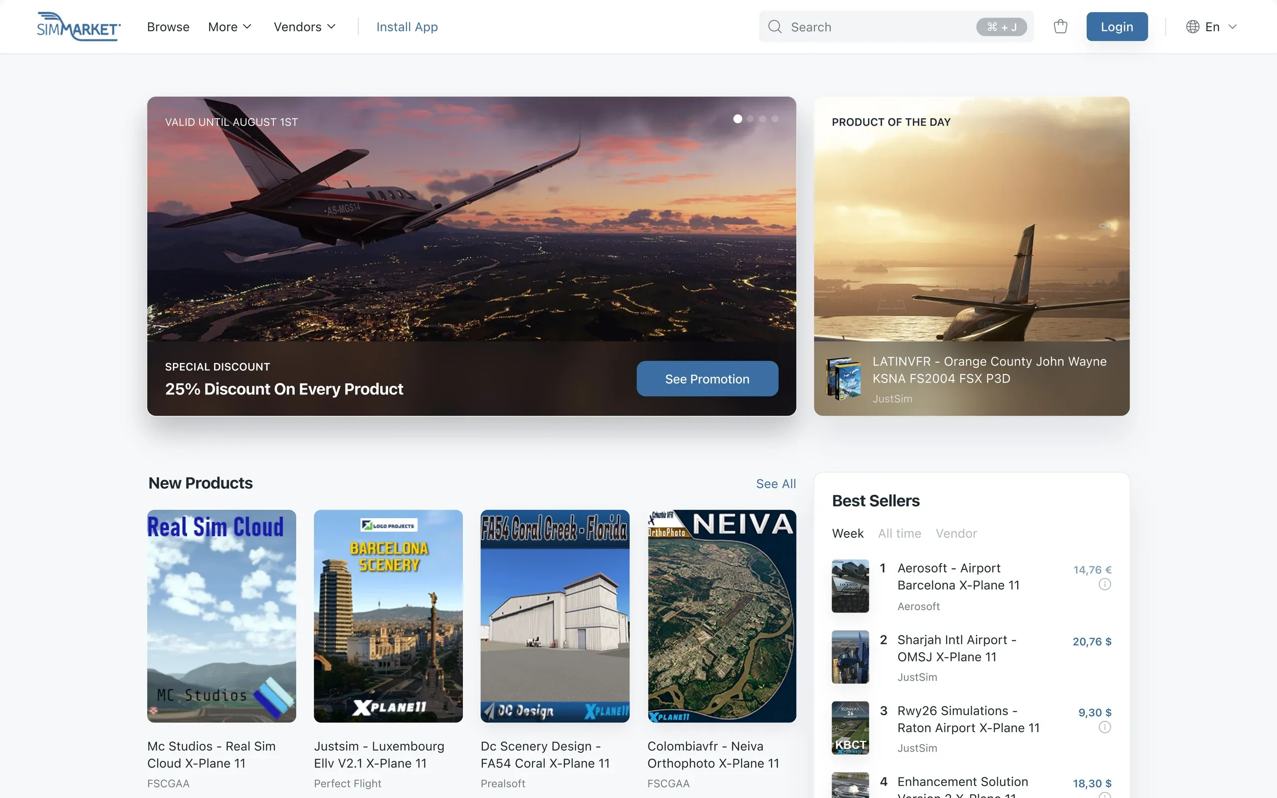 simMarket website homepage with a promotion, product of the day, new products and best sellers