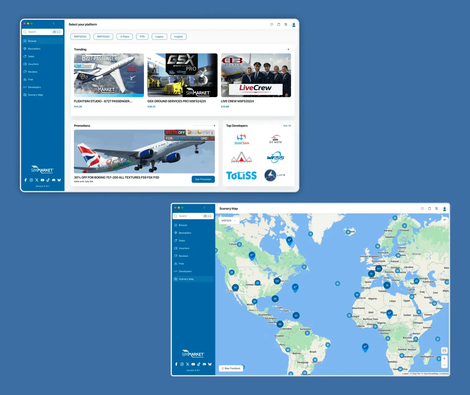 Two simMarket desktop app screens: the browse screen with trending products and top developers in the background, and the Scenery Map screen in front showing a world map with numbered pins marking add-on locations by region.