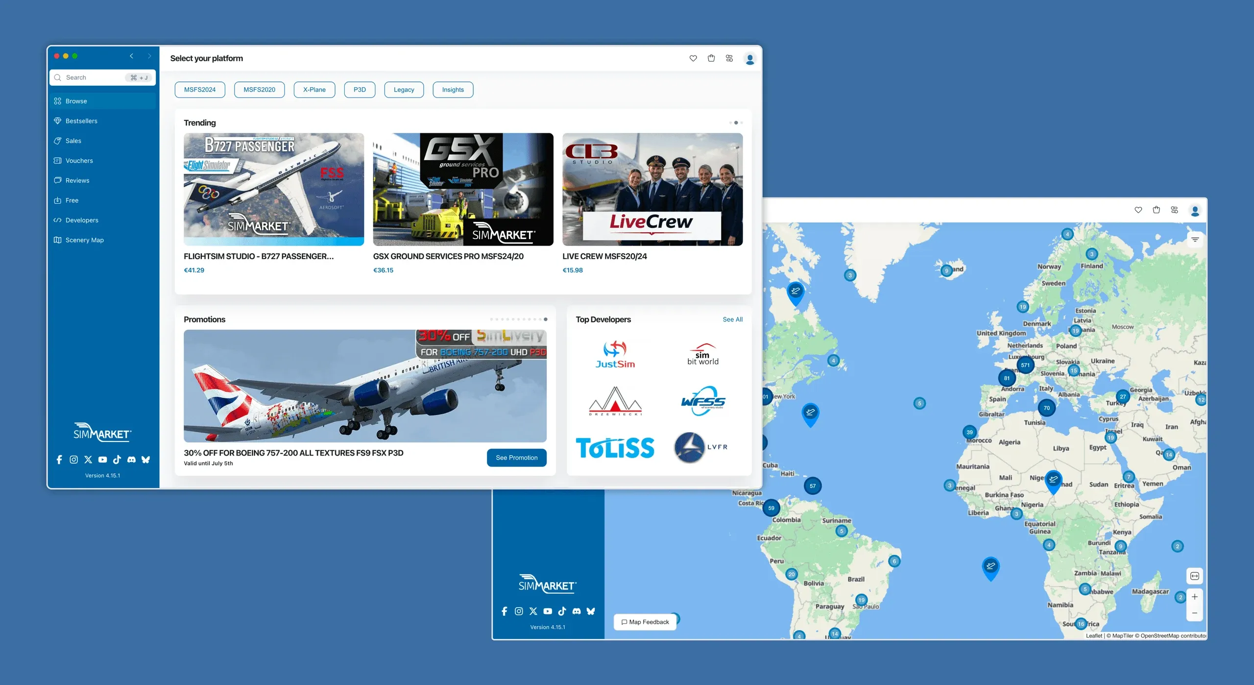 Two simMarket desktop app screens: the browse screen with trending products and top developers in the background, and the Scenery Map screen in the back showing a world map with numbered pins marking add-on locations by region.