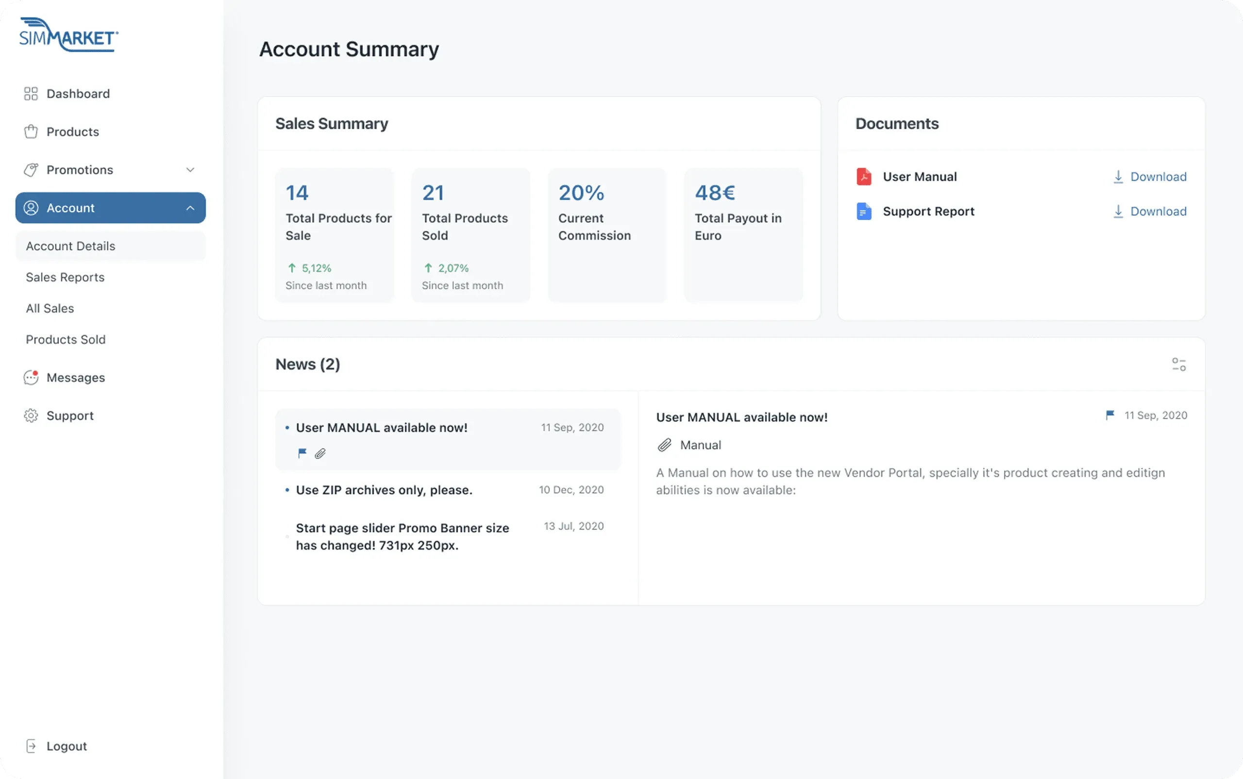 simMarket vendor account summary with sales figures, documents and news
