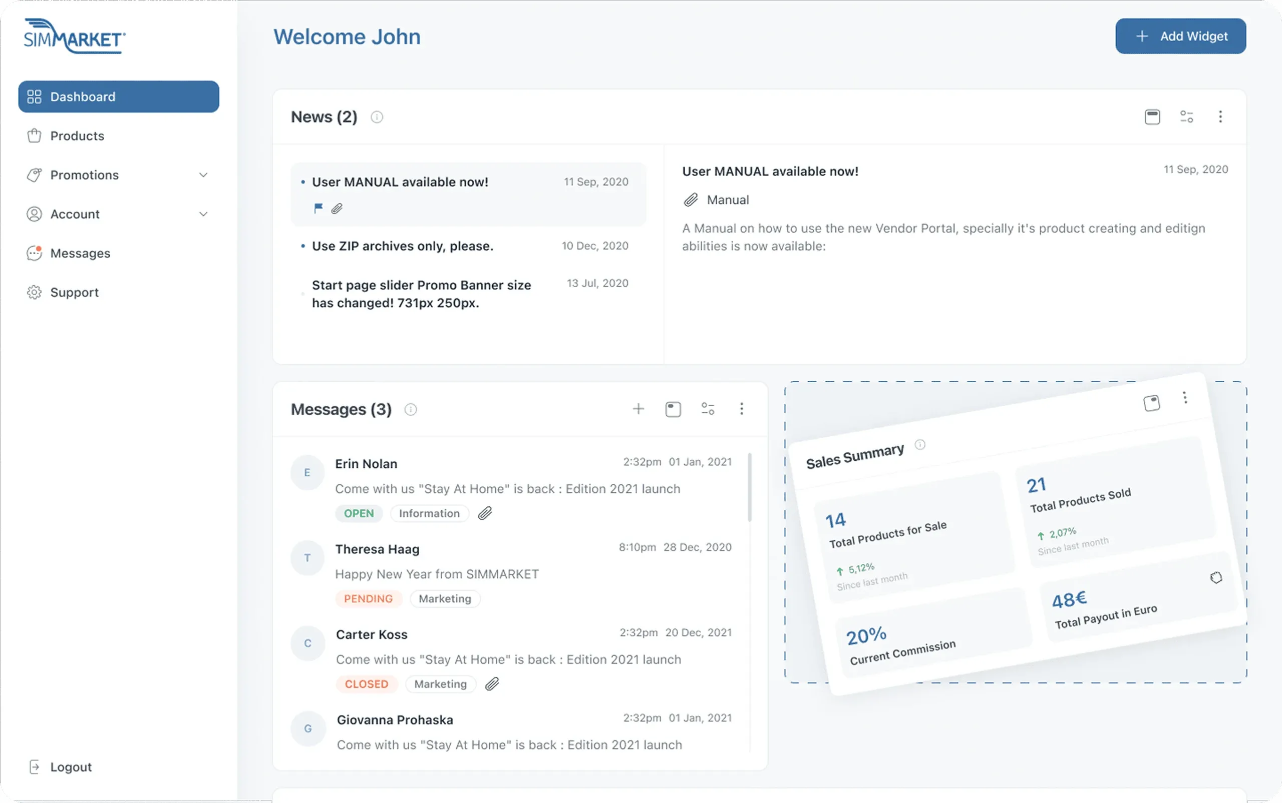 simMarket vendor dashboard with the sales summary widget being moved