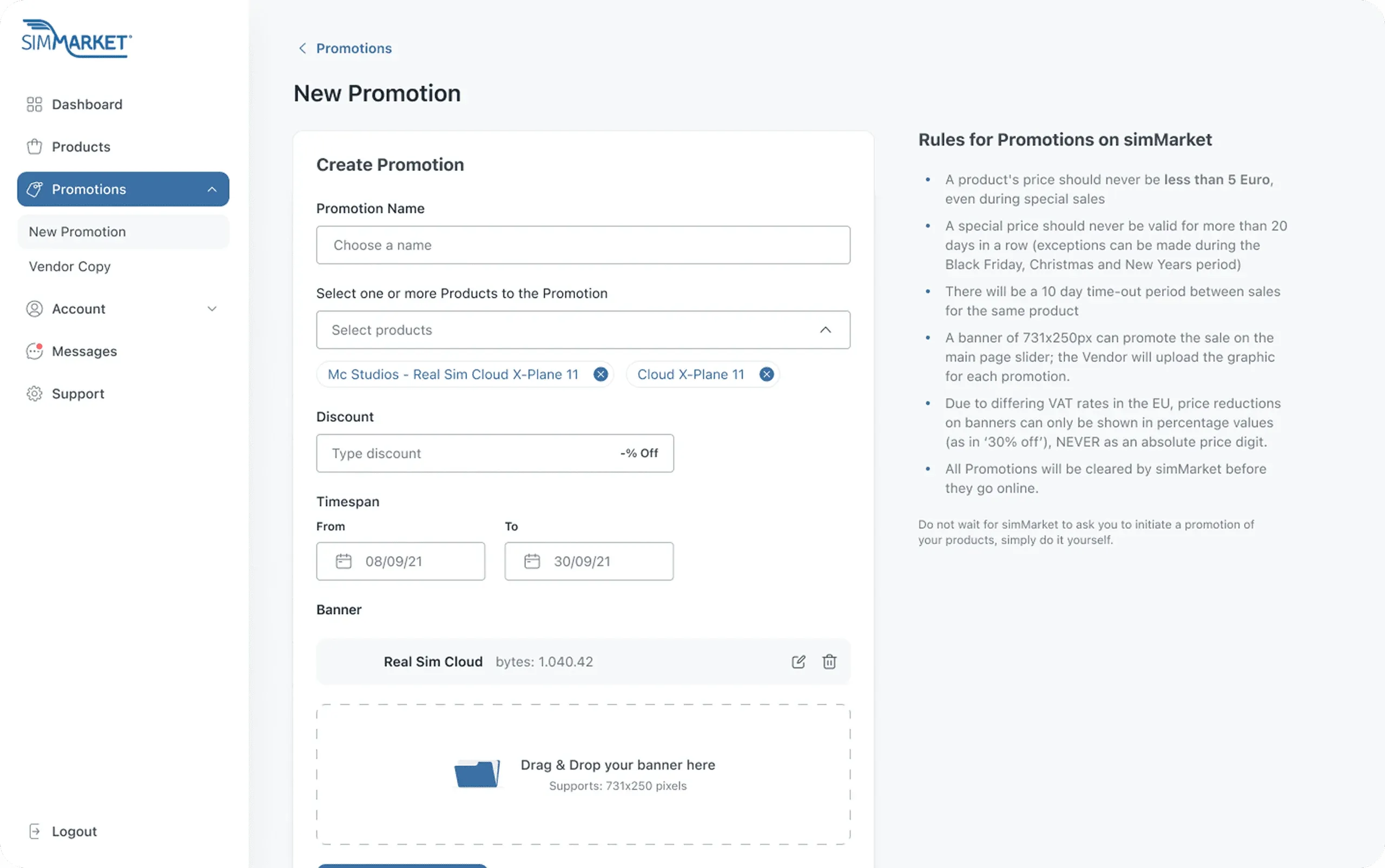 simMarket vendor form to create a promotion, next to the promotion rules