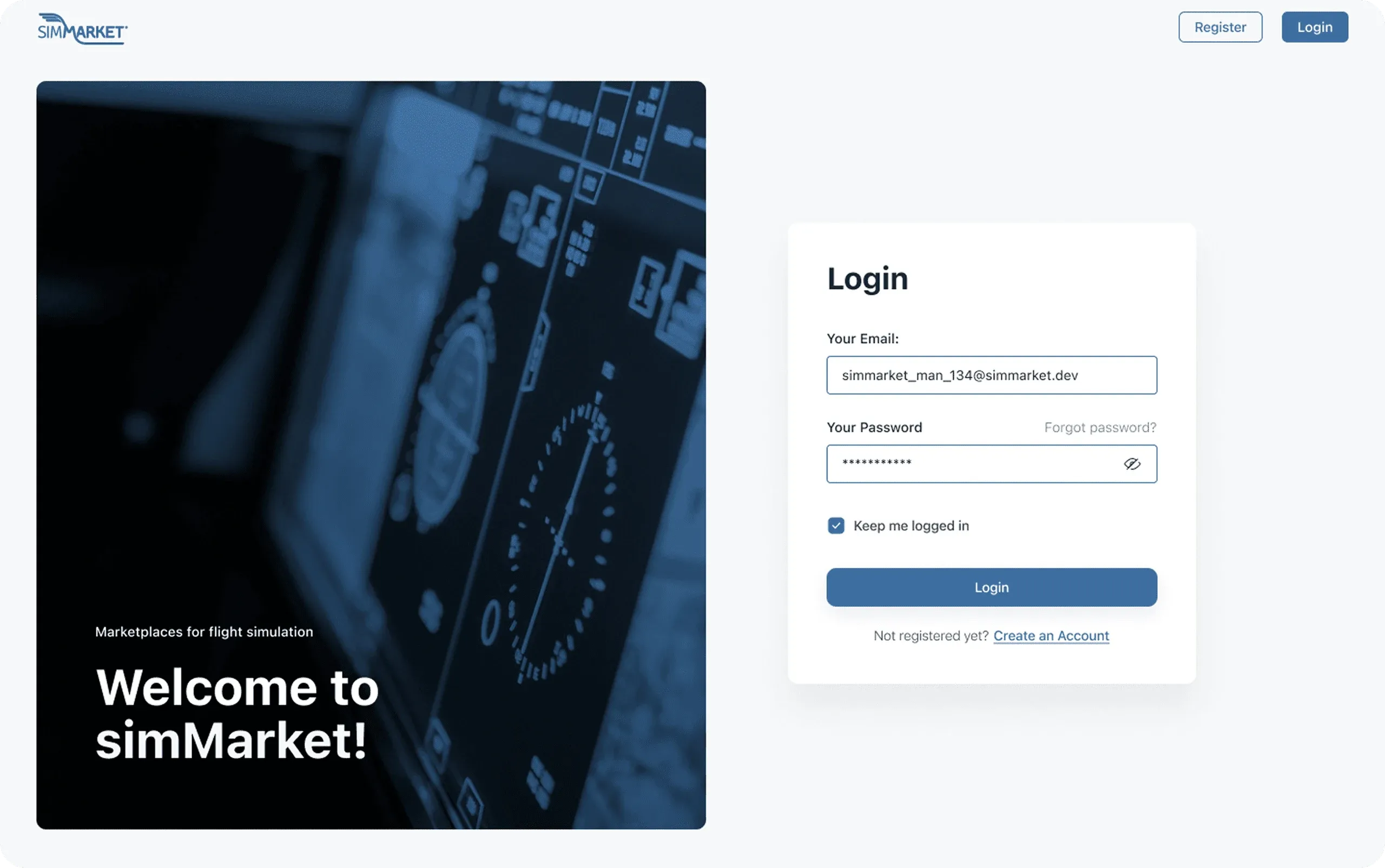 simMarket vendor login page, "Welcome to simMarket!"