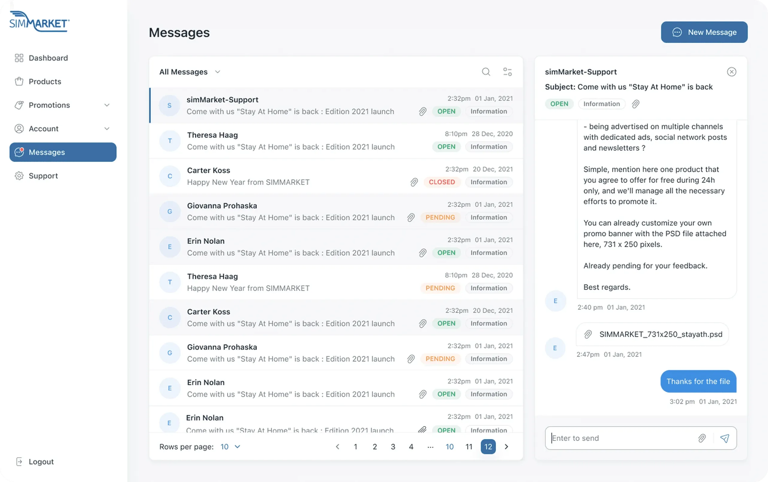 simMarket vendor messages inbox with a conversation open