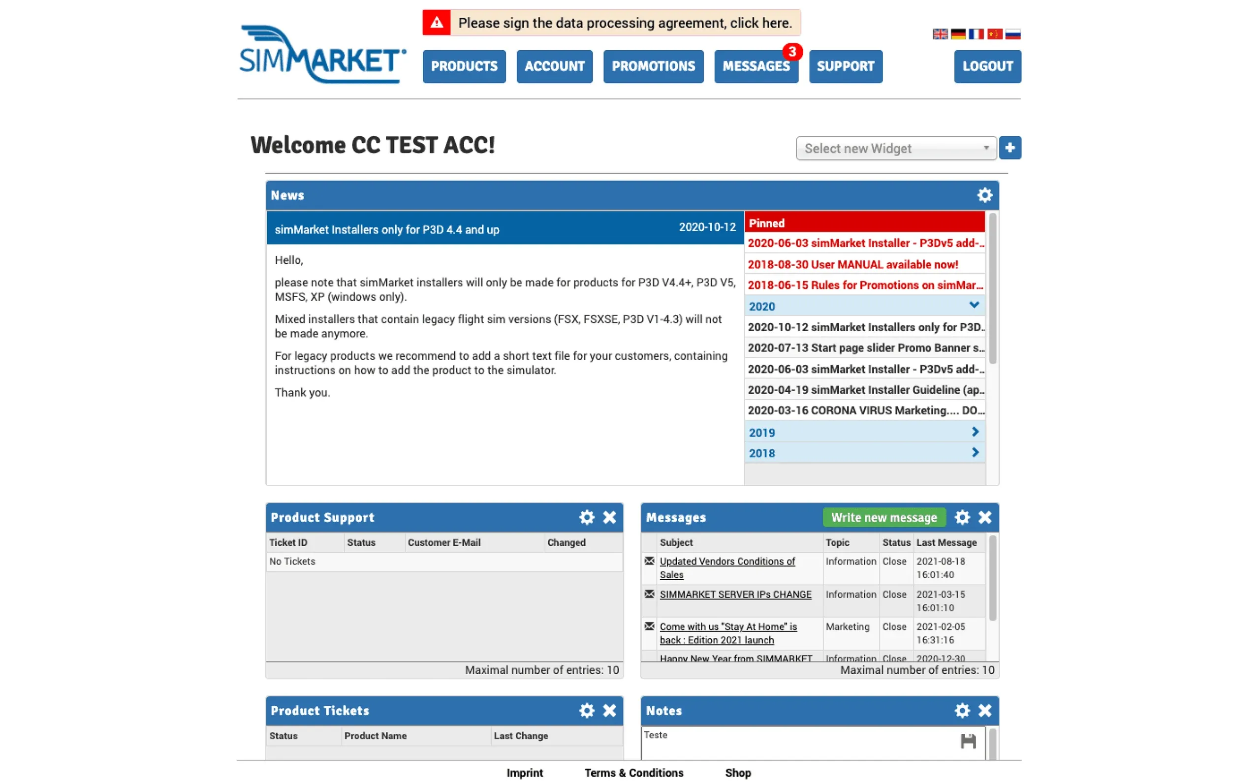 simMarket vendor platform before the redesign, with news, support, message and ticket widgets