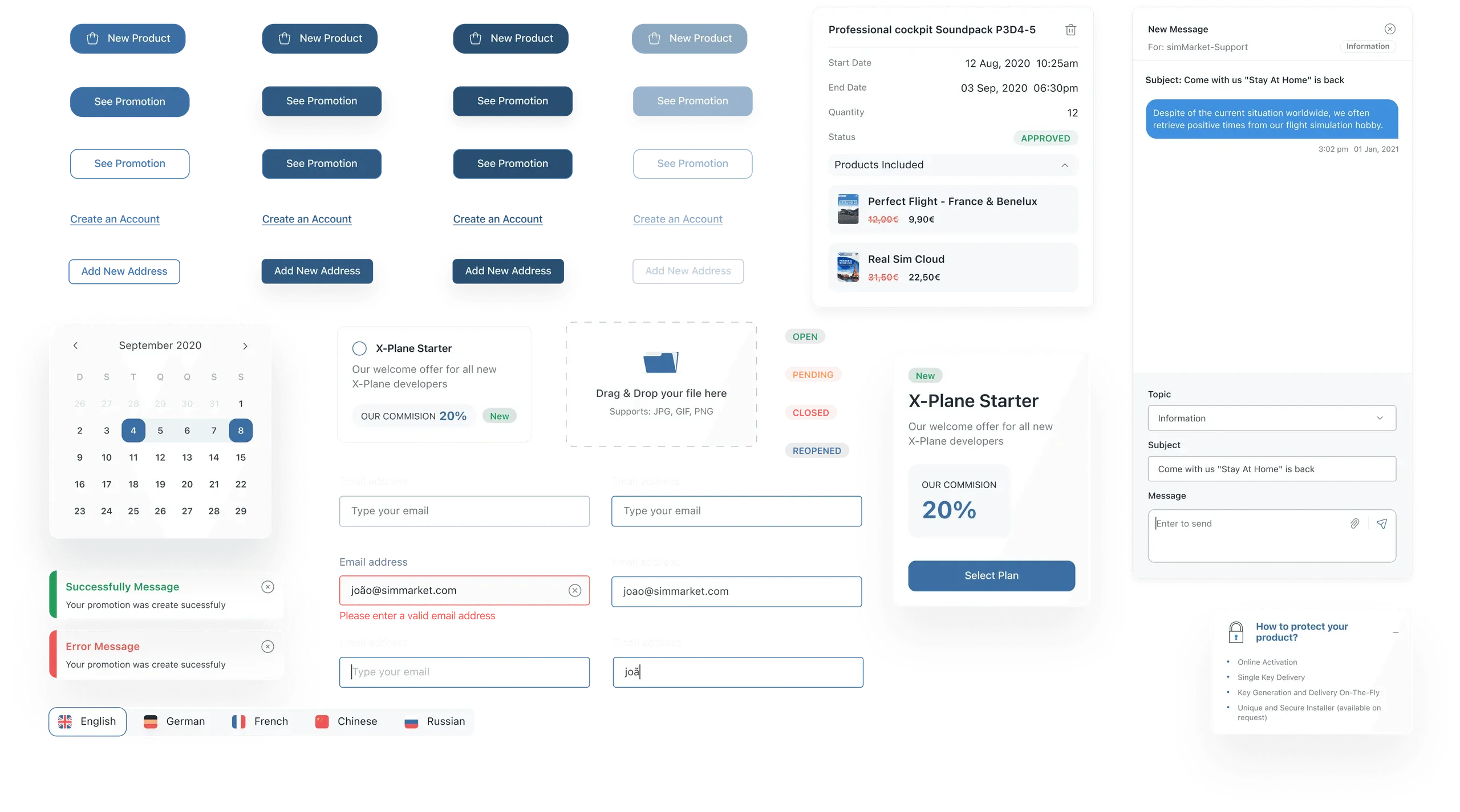 simMarket vendor platform design system components: buttons, a calendar, forms, alerts and cards