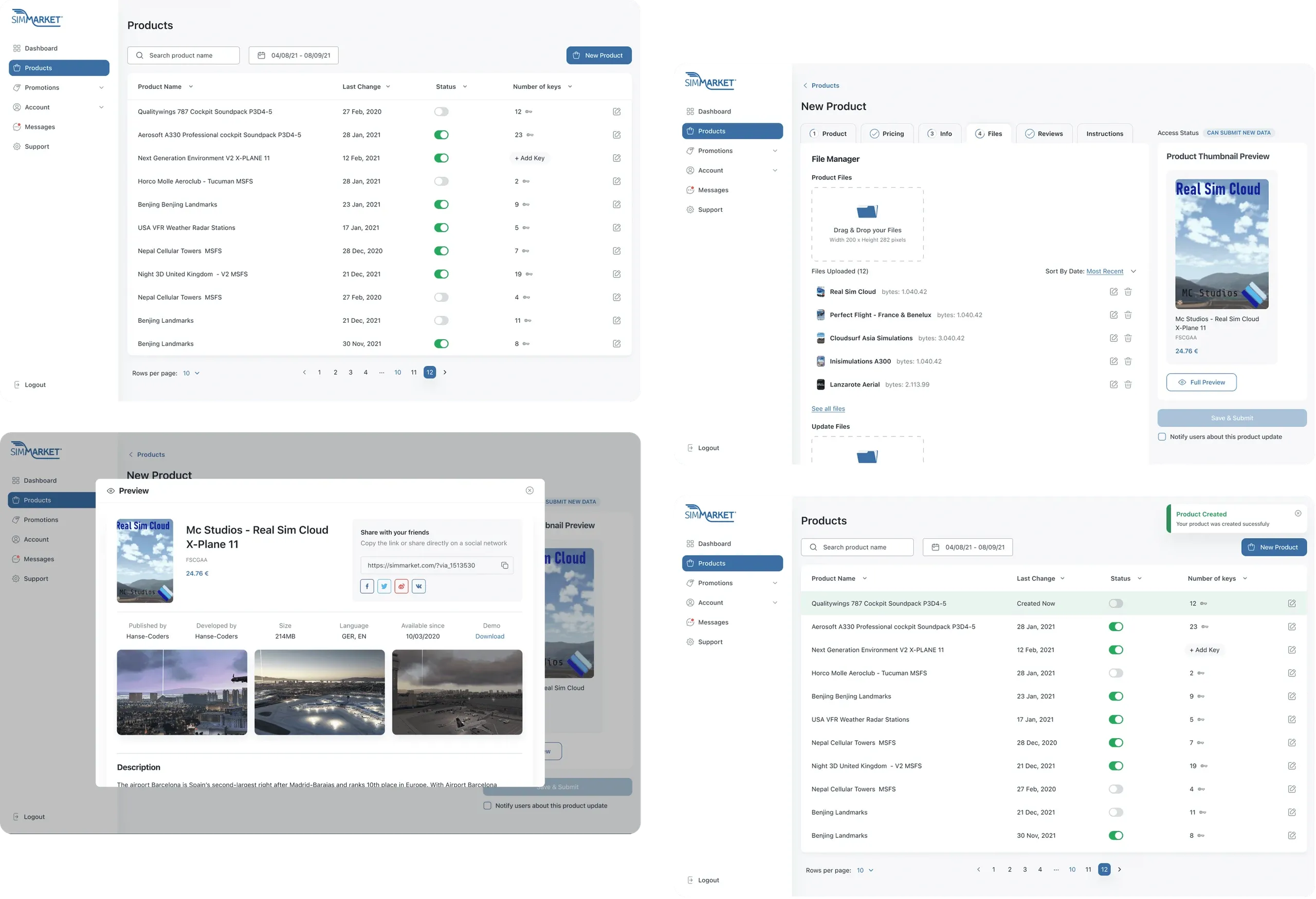 simMarket vendor product pages: the product list, the new product form and a product preview