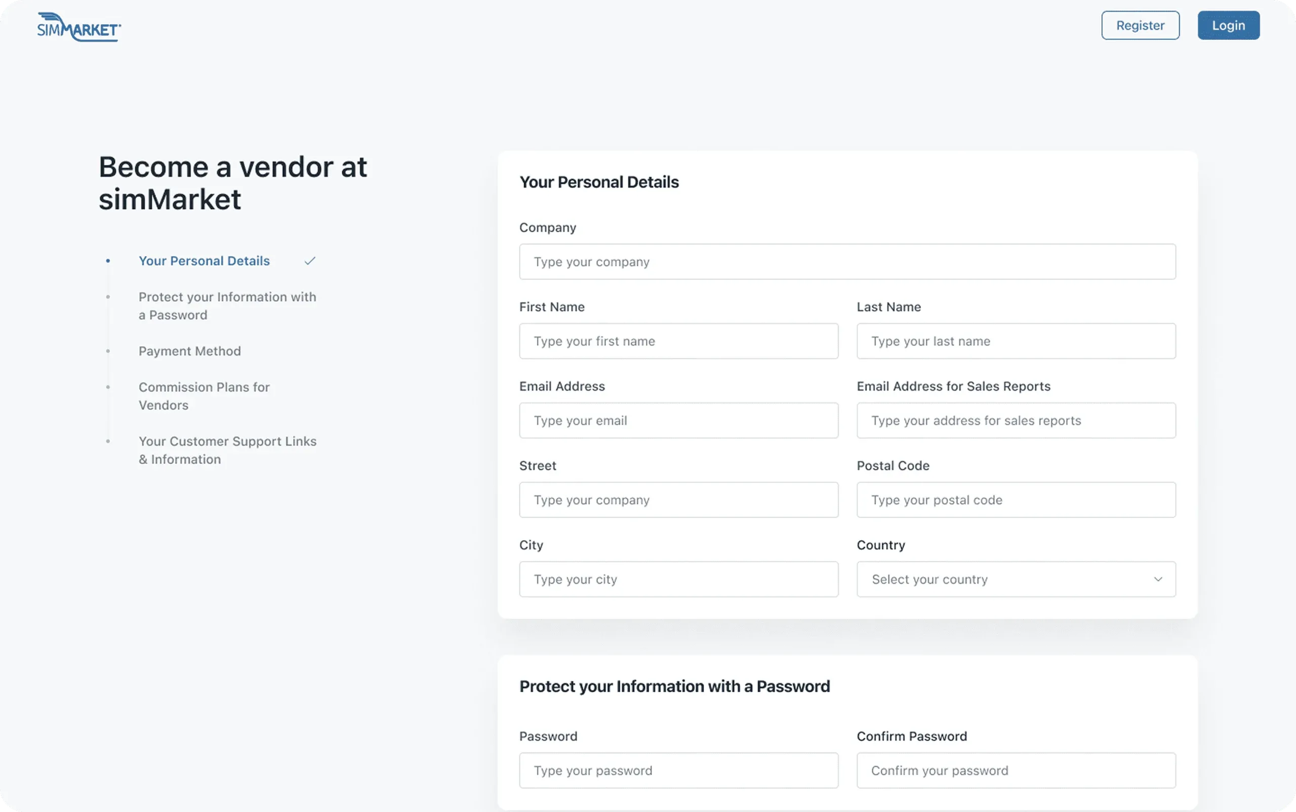 simMarket vendor registration form, "Become a vendor at simMarket"