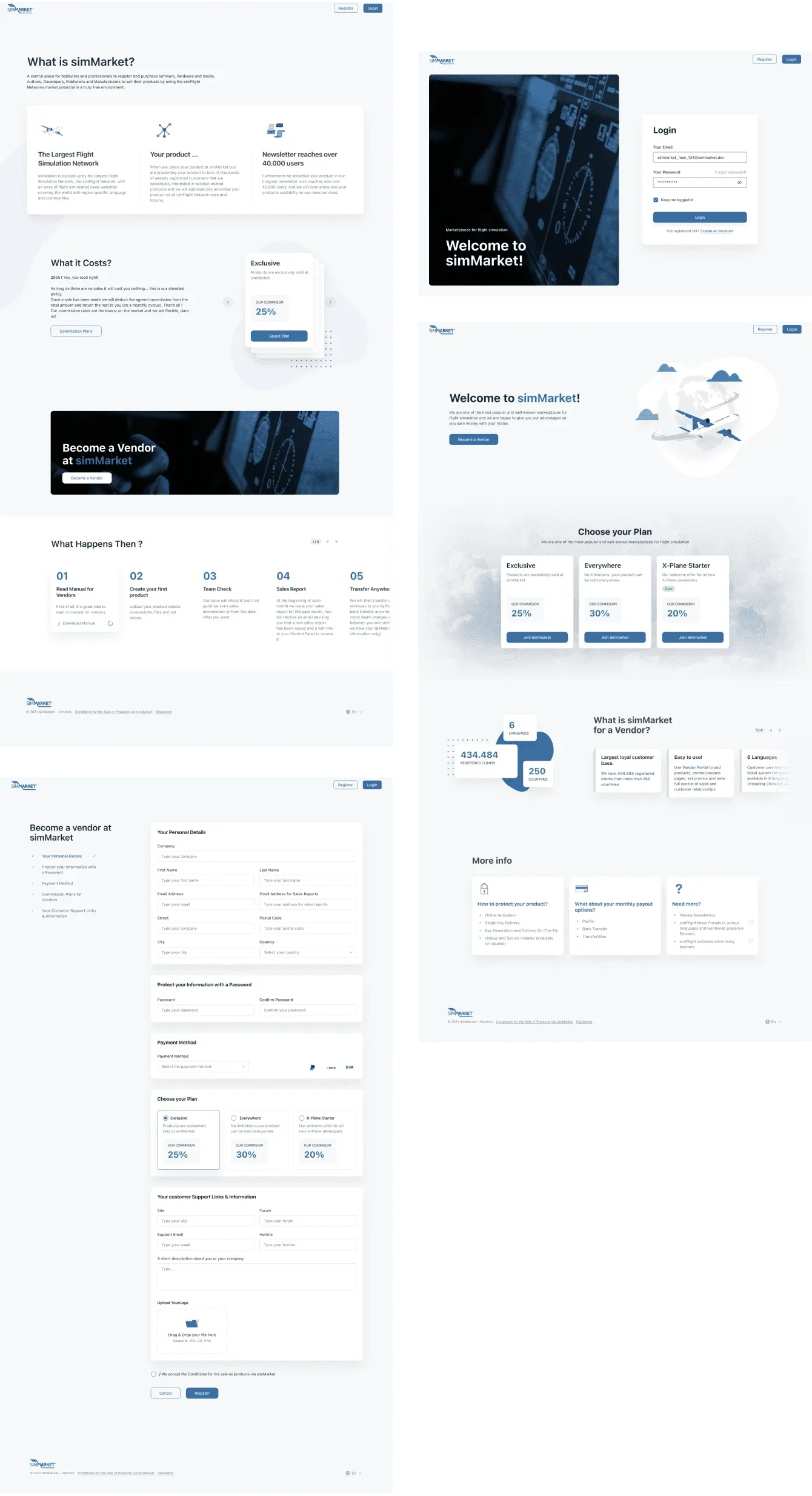 simMarket vendor sign-up pages arranged for a narrower screen