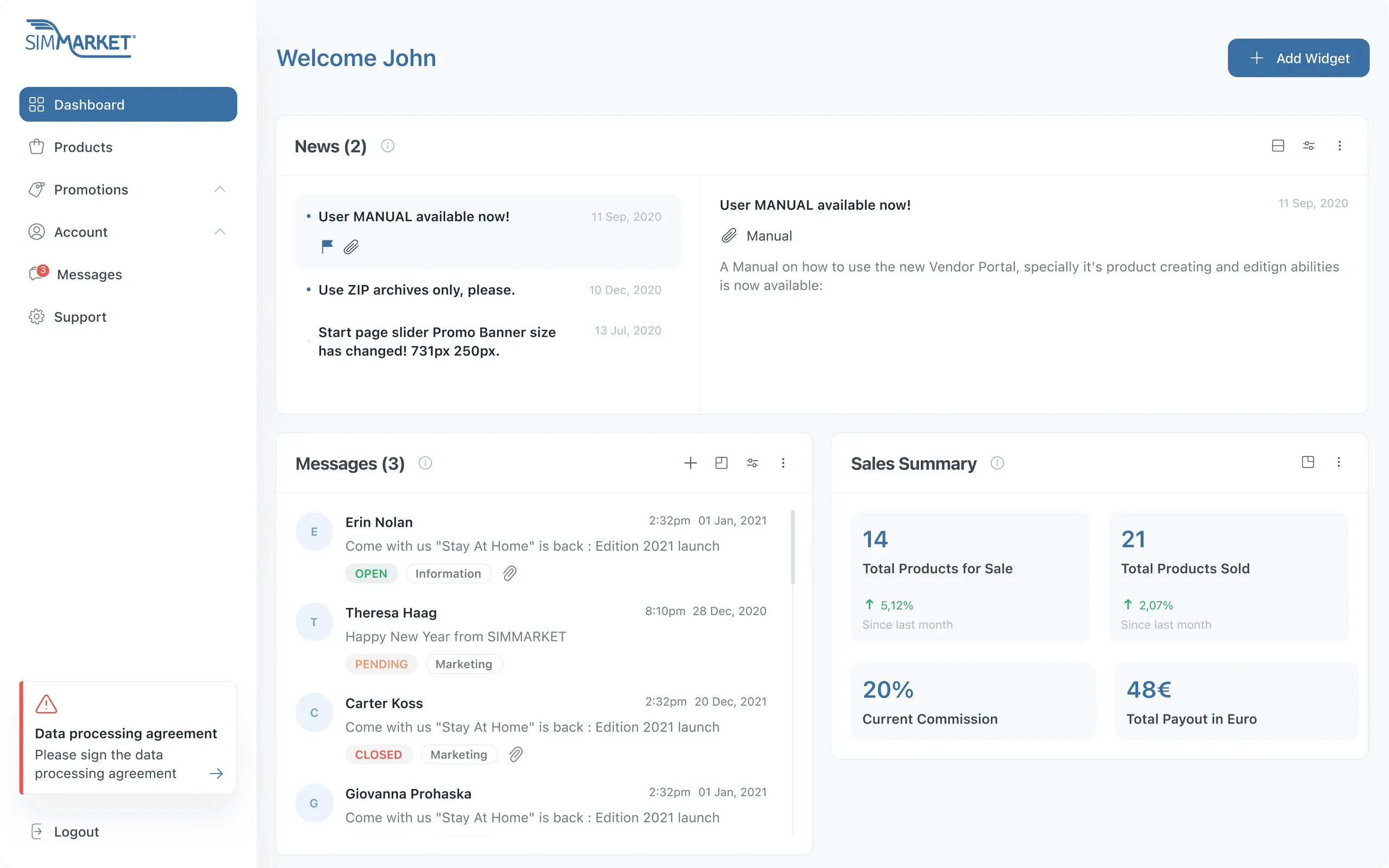 simMarket vendor dashboard after the redesign, "Welcome John", with news, messages and a sales summary