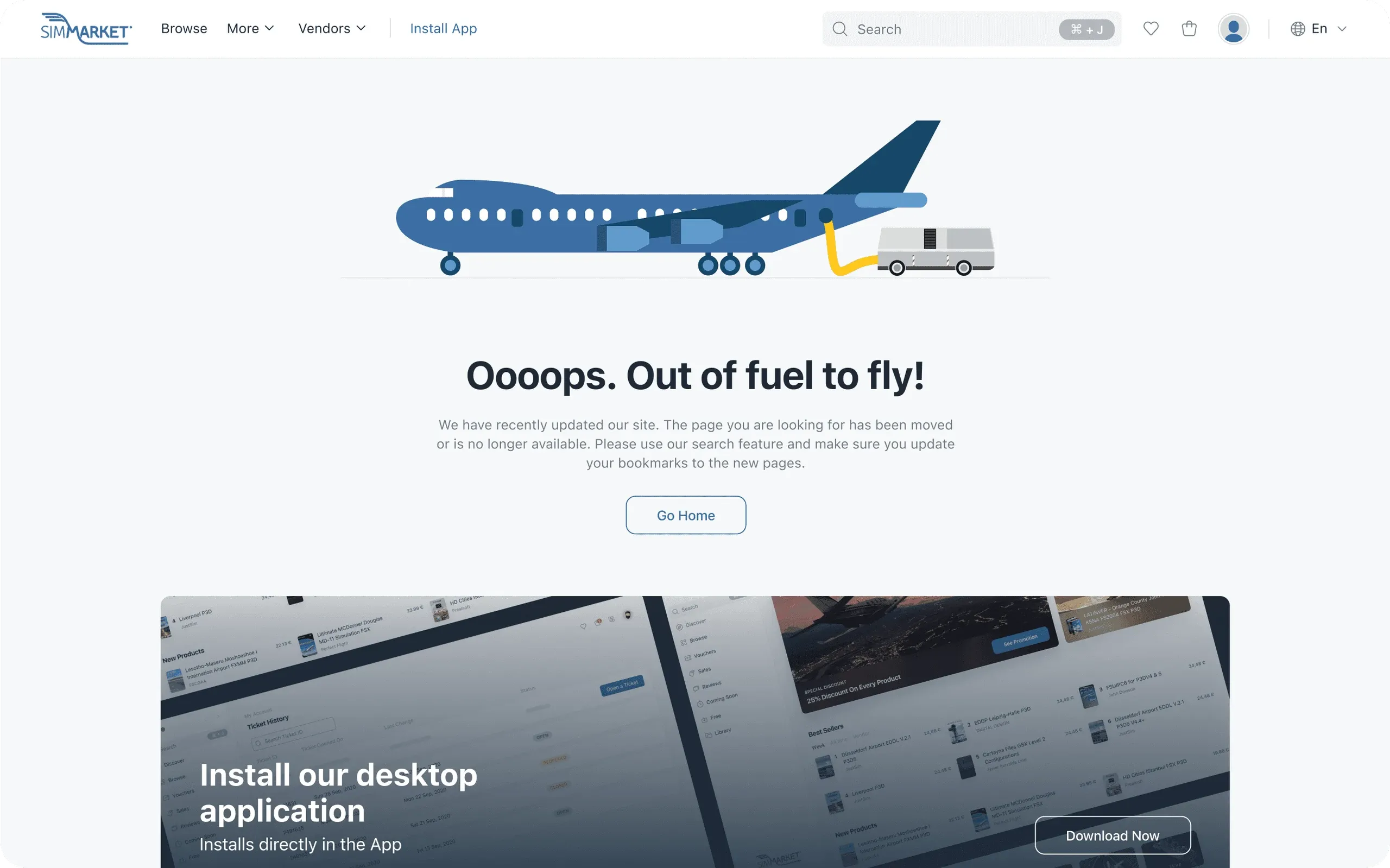 simMarket website 404 page, "Oooops. Out of fuel to fly!"