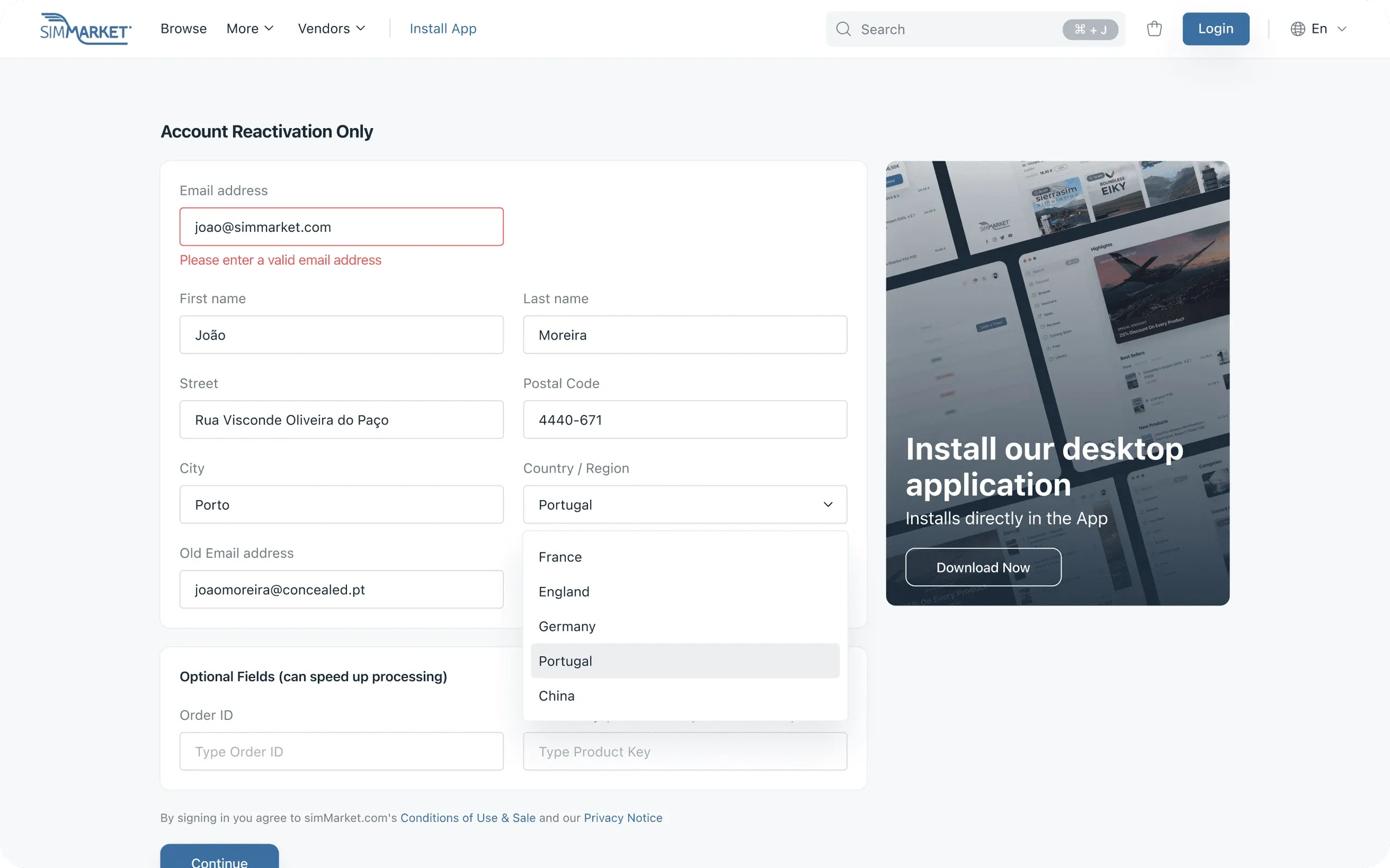 simMarket website account reactivation form
