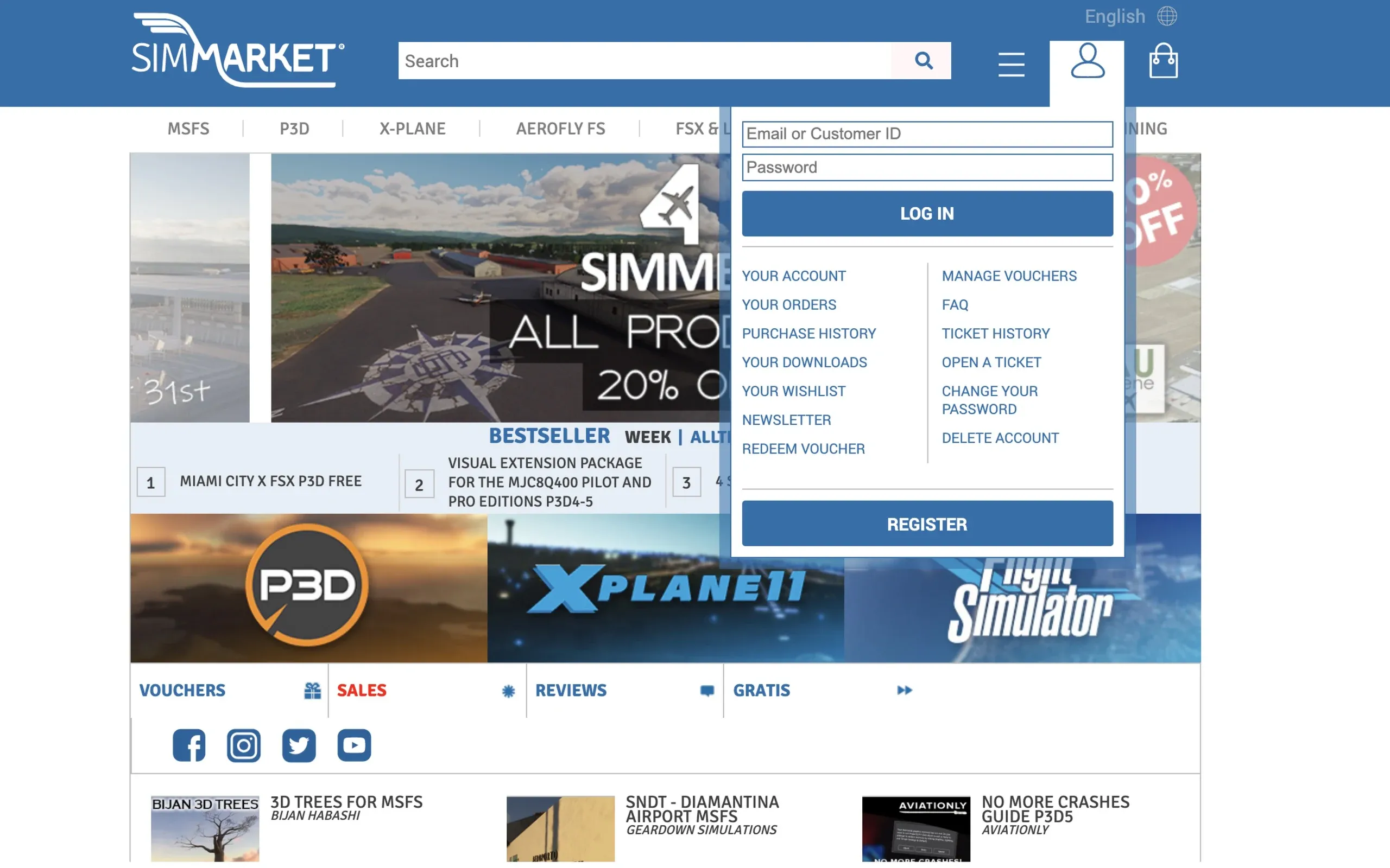 simMarket website before the redesign, with the account menu open over the homepage