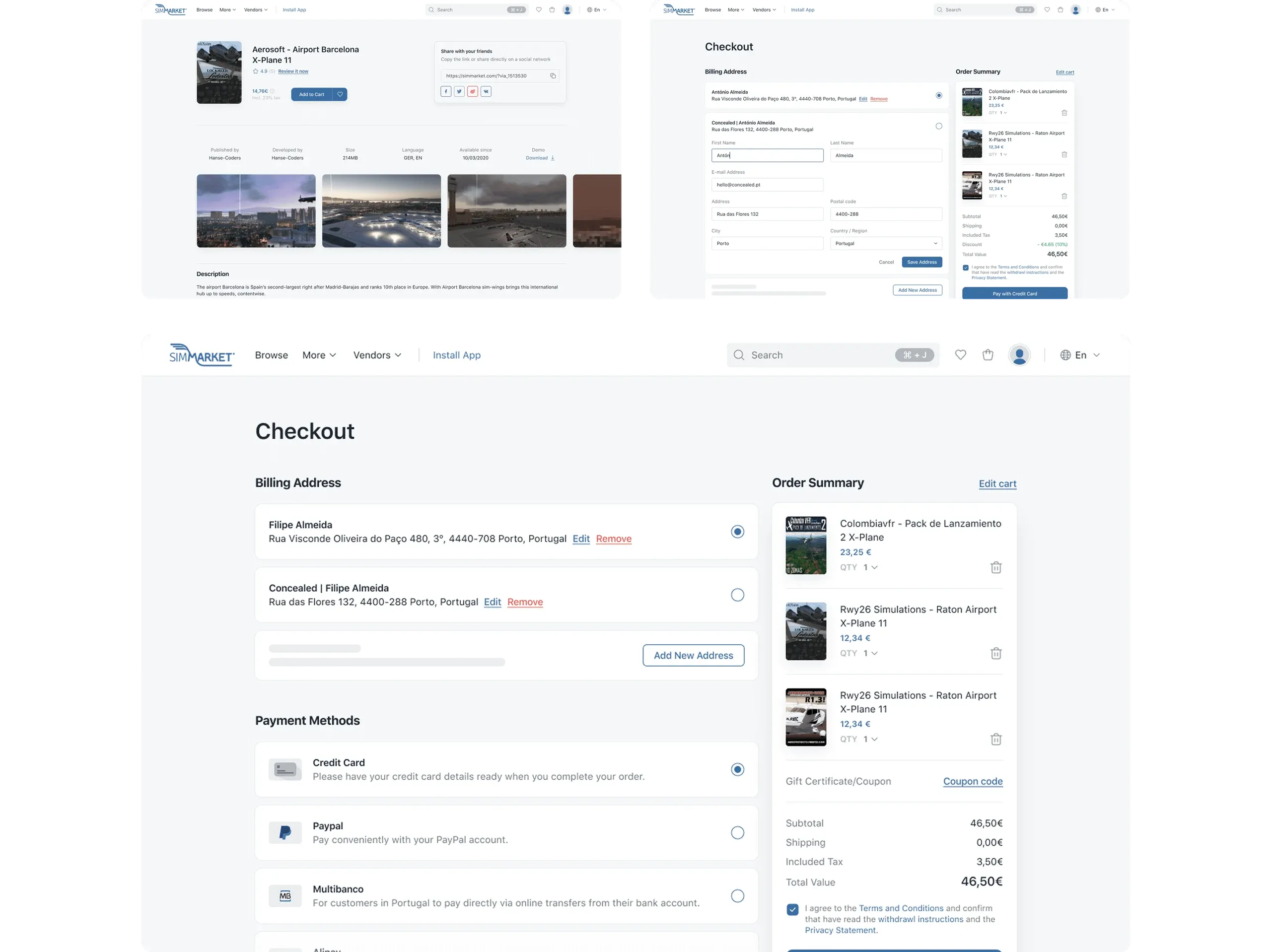 simMarket website checkout flow: product page, checkout and order summary
